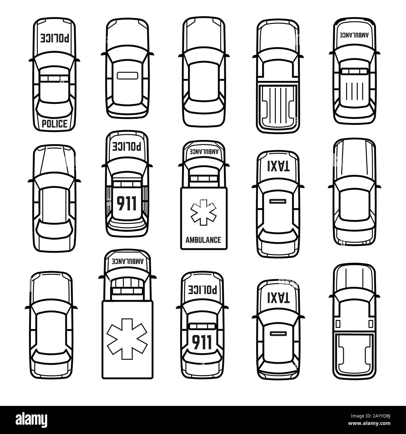 CARS Draufsicht dünne Linien Vektor-Symbole. Set mit Modellautosedan, Taxi- und Ambulanzwagen in linearer Darstellung Stock Vektor