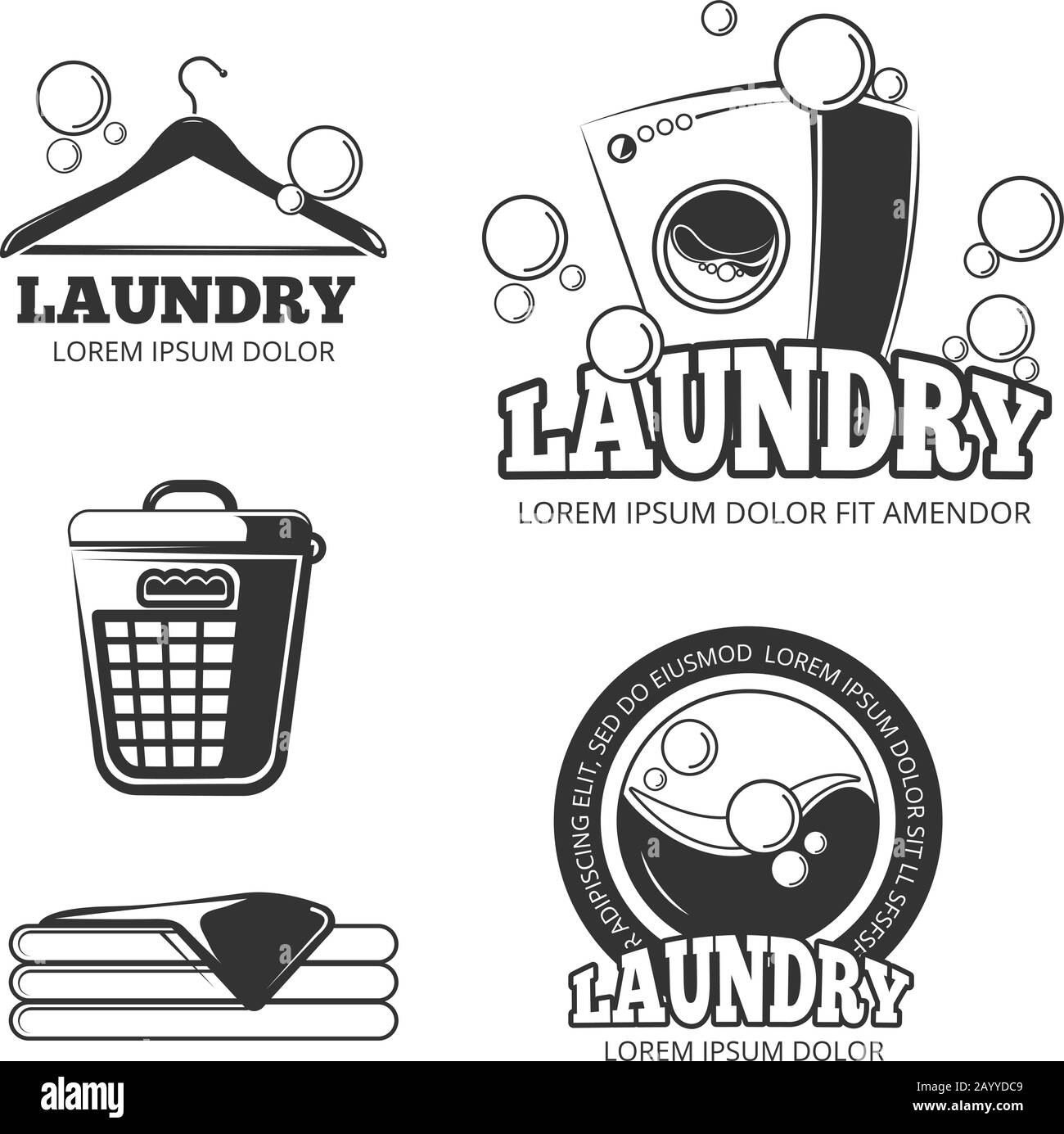 Waschen der Wäsche Vintage-Vektor-Etiketten, Embleme, Logos, Abzeichen.  Maschine und Eimer für schmutzige Kleidung waschen Stock-Vektorgrafik -  Alamy