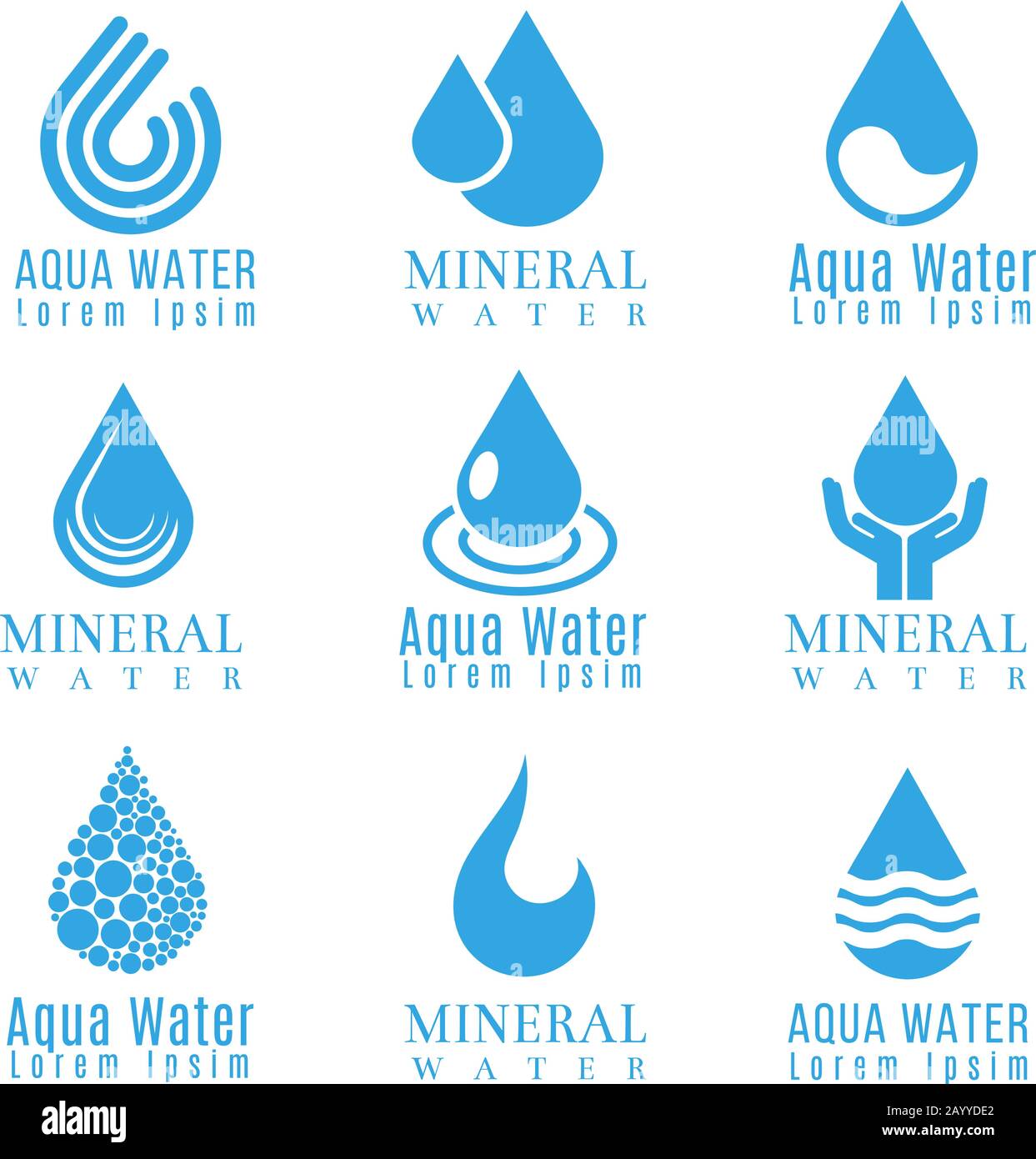 Blaue Wassertropfenlogos, Symbole Vektorsatz. Drop Liquid Logo und Mineralwasser Aqua Drop Illustration Stock Vektor