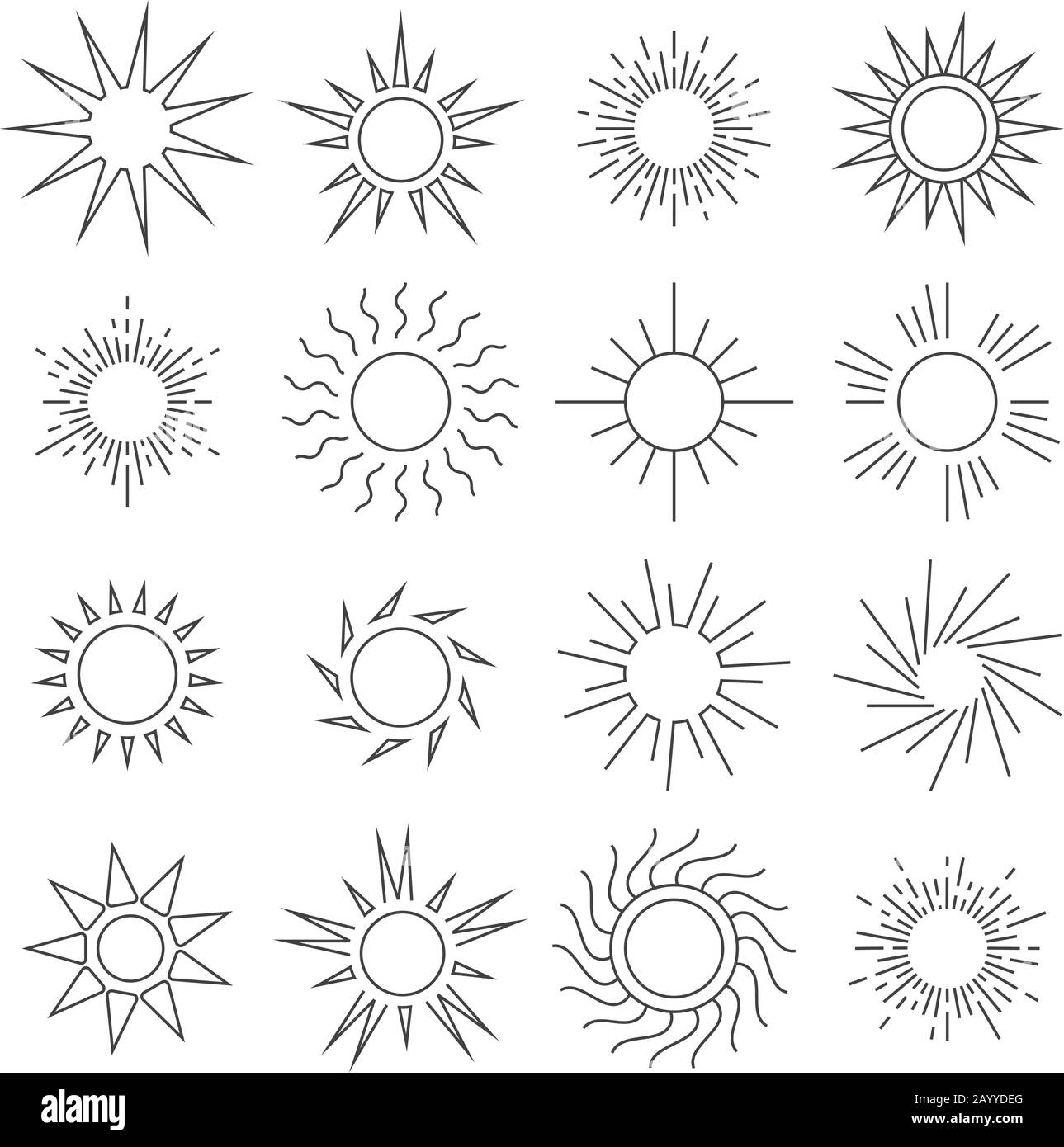 Symbole für Sonnenlinien. Natursonne in linearem Stil, Darstellung des heißen Sonnensatzes bei Wetter Stock Vektor