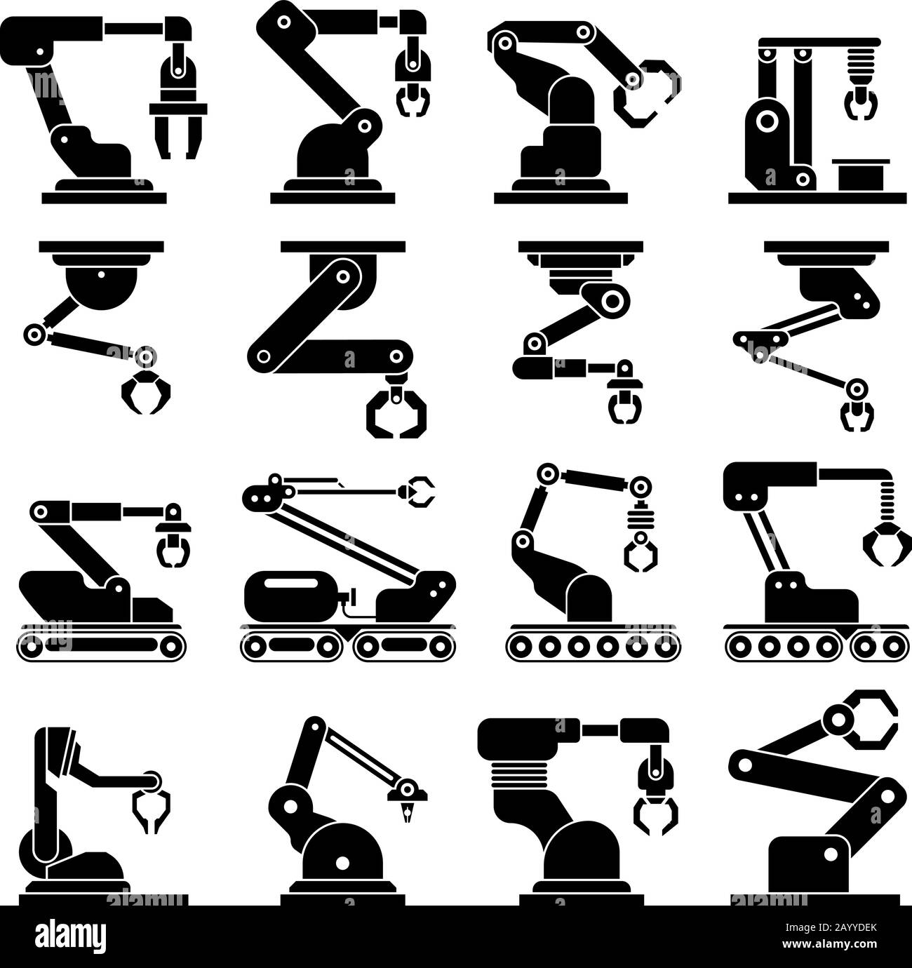Symbole für industrielle mechanische Roboterarme. Roboterindustrie für das Automobilsystem. Mechanische Darstellung der Werkzeug-Industrie-Automatik Stock Vektor