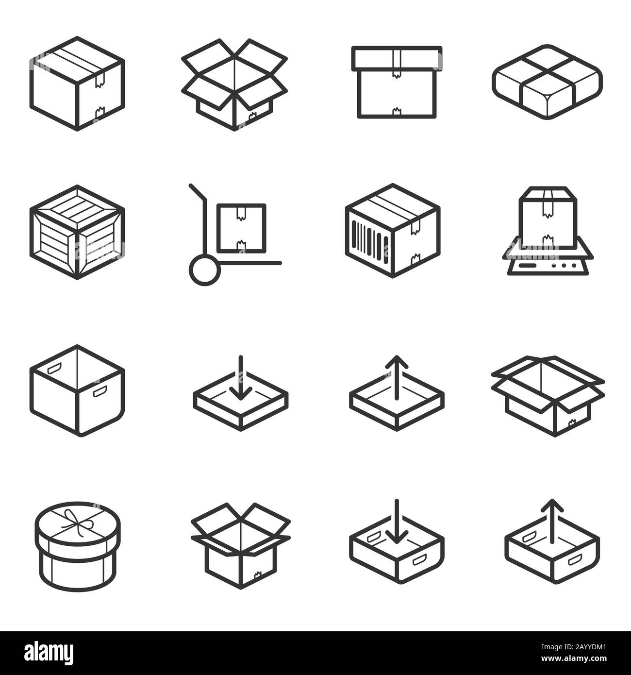 Package Line Thin Icons Vector Set. Kisten, Kisten, Behälter und Verpackung für den Versand. Abbildung Verpackungsbox für Lieferung und Transport Stock Vektor
