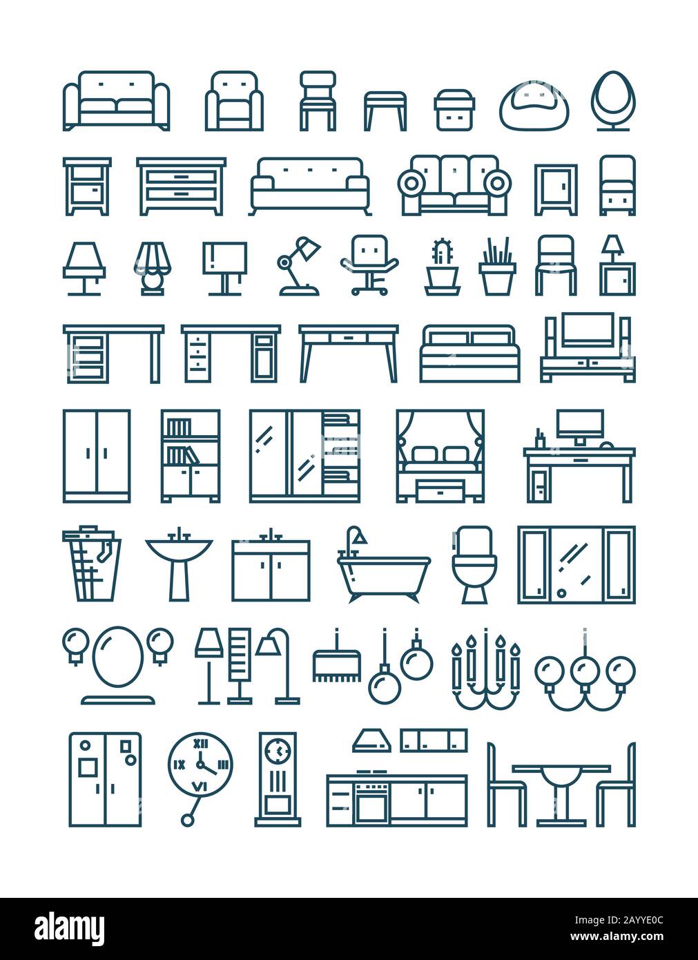 Möbel und Sanitäranlagen dünne Vektorsymbole. Möbel-Inneneinrichtung Symbol und Möbel für Wohnzimmer-Küche und Bad-Illustration Stock Vektor