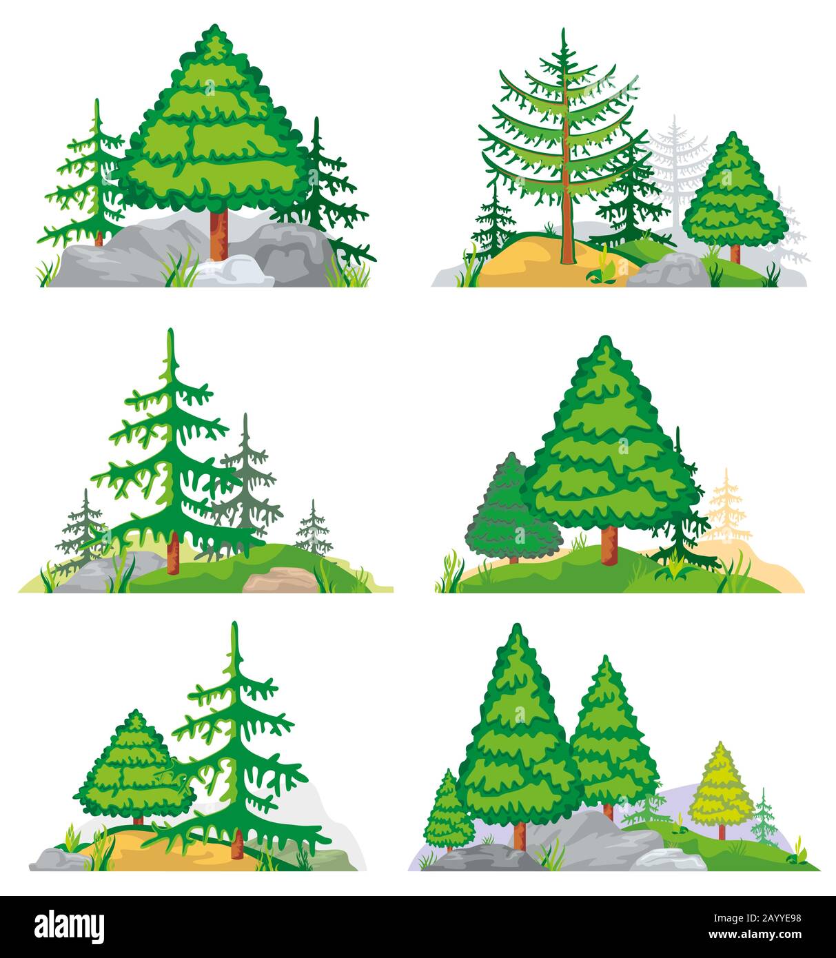 Landschaften mit Nadelbäumen, Gras und Steinen. Vektor-Landschaft Natur mit Baum und Pflanze. Darstellung der Waldlandschaft des Sets Stock Vektor