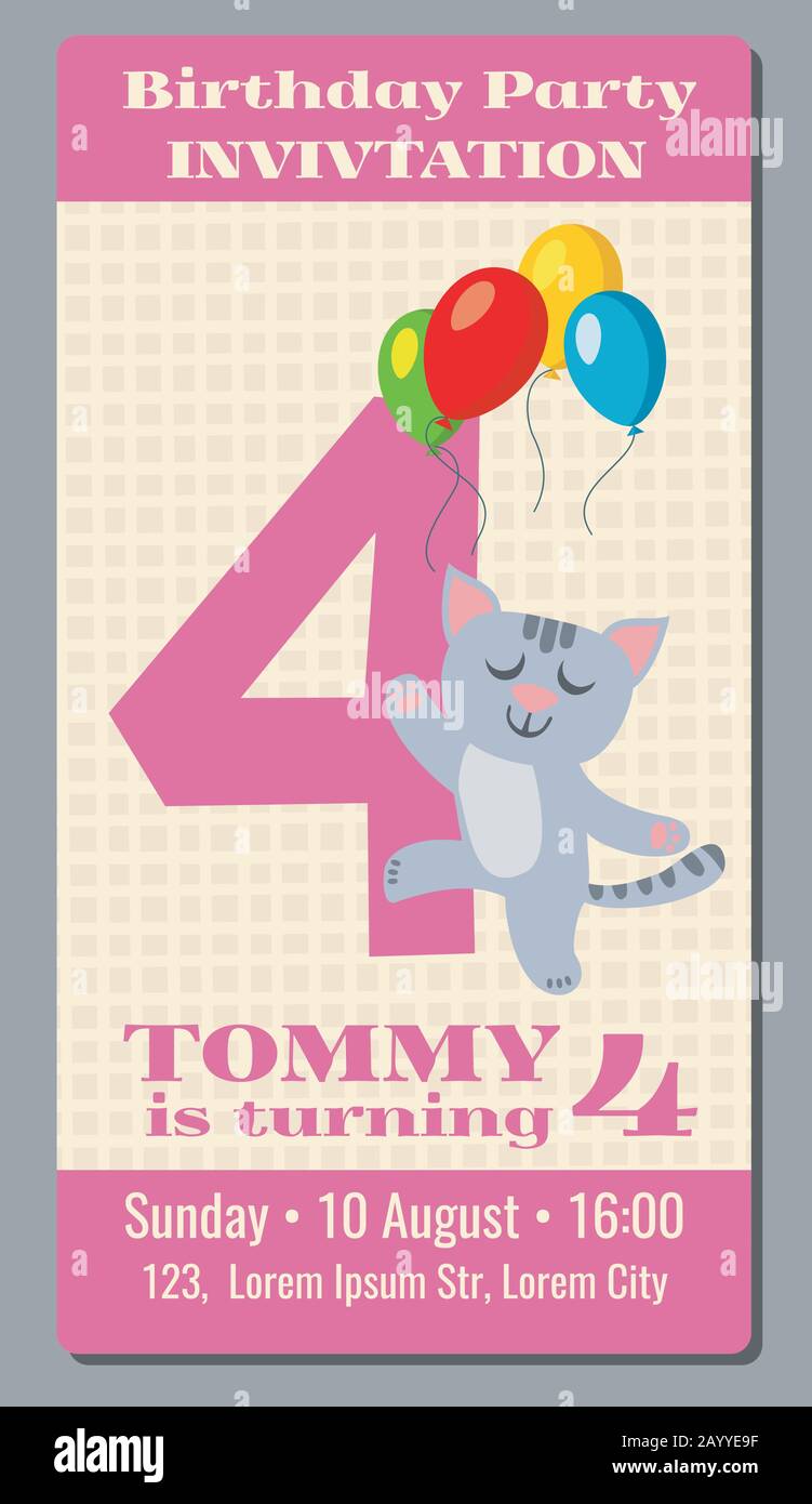 Geburtstagsgruss Und Einladung Mit Niedlicher Cartoon Katzenkartusche 4 Jahre Alt Geburtstagsparty Mit Kat Karte Oder Poster Zur Geburtstags Illustration Stock Vektorgrafik Alamy