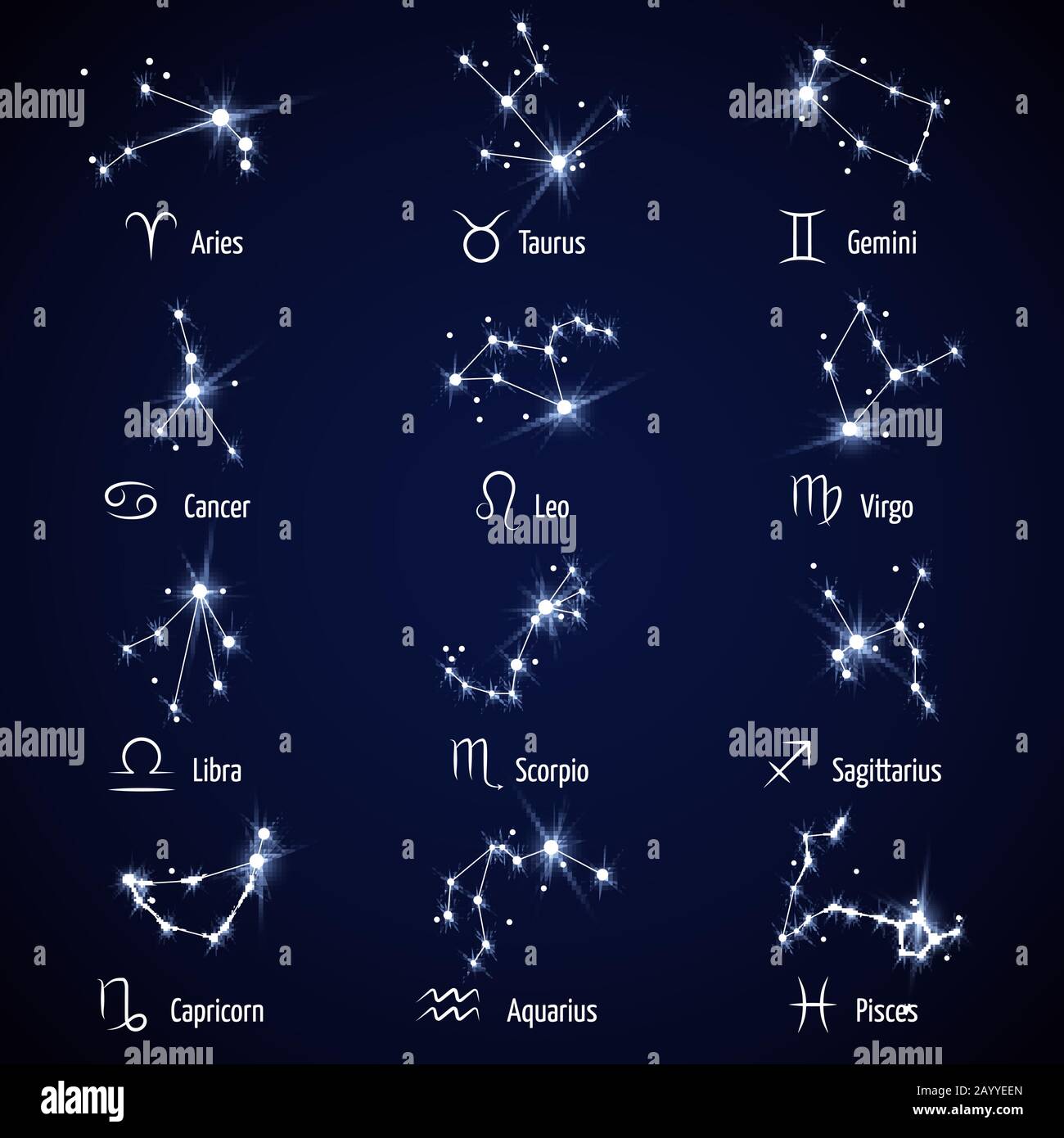 Tierkreiszeichen. Vektorsatz von Horoskopsymbolen der Astrologie, Bildkonstellation für Horoskop Stock Vektor