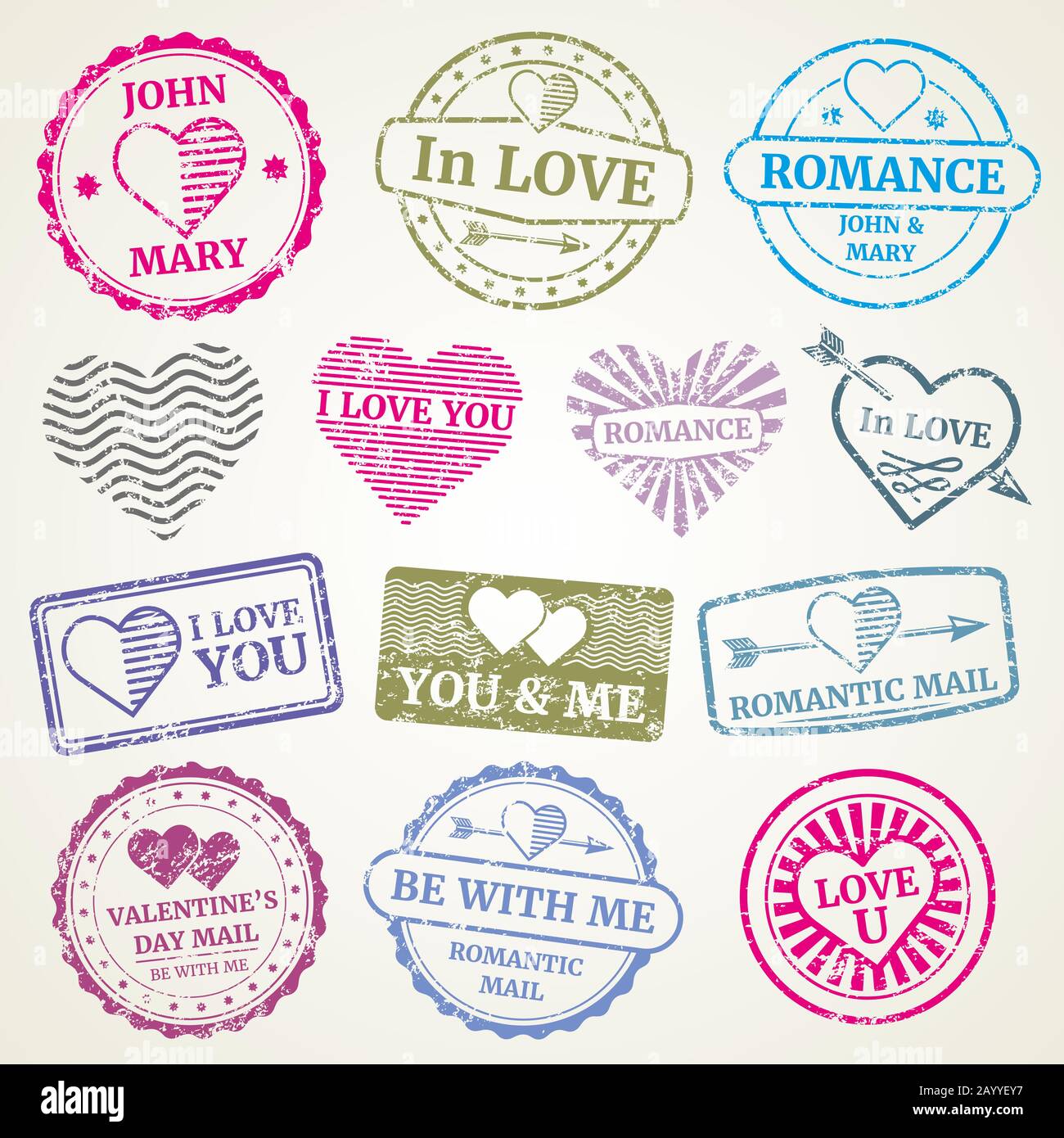 Romantischer Briefmarken-Vektor für Hochzeit und Valentinstag Postkarte, Einladungsdesign. Stempel in Form von Herz und Stempel für Postkartenillustration Stock Vektor