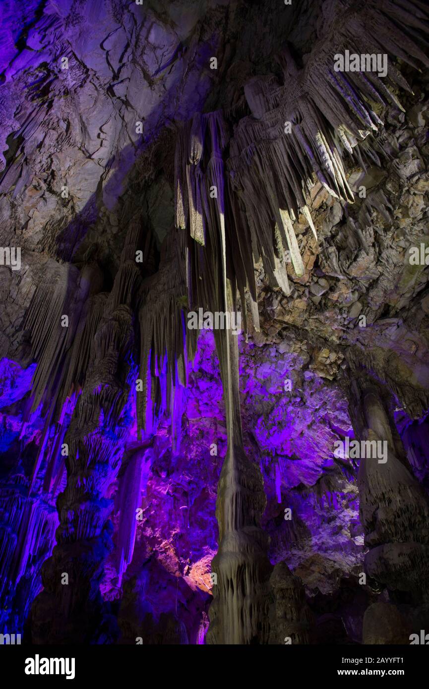 Bunte Lichter beleuchten die Stalaktiten und Stalagmites in der St. Michael's Cave, einem Netzwerk von Kalksteinhöhlen innerhalb der Upper Rock Natur Stockfoto