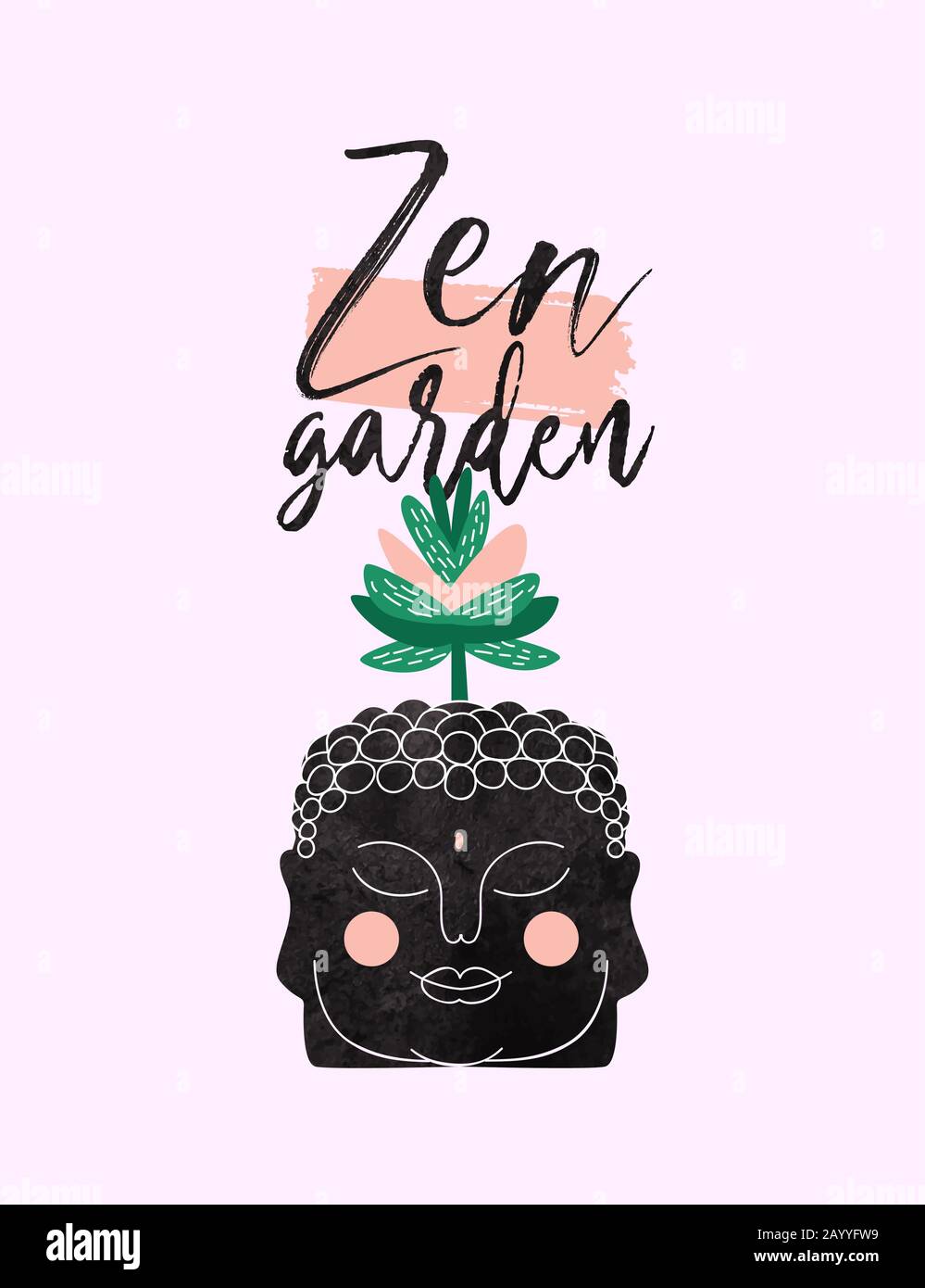 Zen Garten handgezeichnetes Zitat Illustration des süßen buddha-kopfes mit exotischer saftiger Pflanze für Entspannung Typografie Design. Stock Vektor