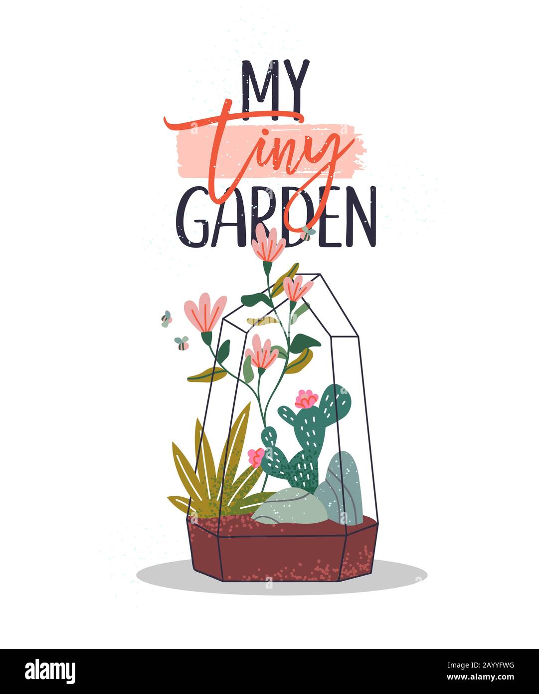 Mein kleines Gartenzitat mit handgezeichneter Terrarienanlage. Frühlingsblumen und Kakteenillustration mit niedlicher Biene für Typografiekonzept. Stock Vektor