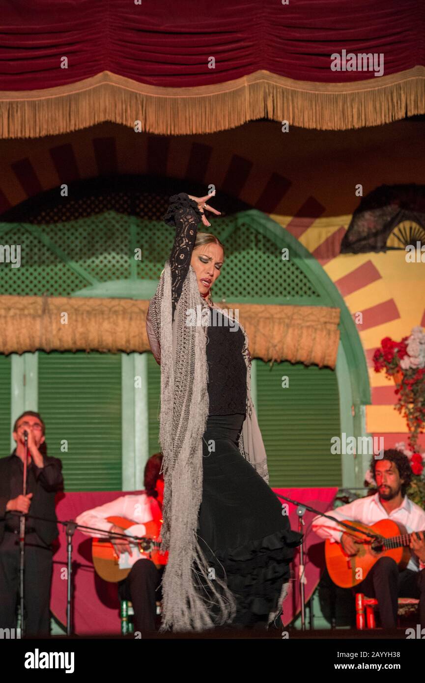 Tänzerinnen und Musiker, die Flamenco, eine Form spanischer Volksmusik und Tanz, während einer Abendveranstaltung in Sevilla, Andalusien, Spanien, vorführen. Stockfoto