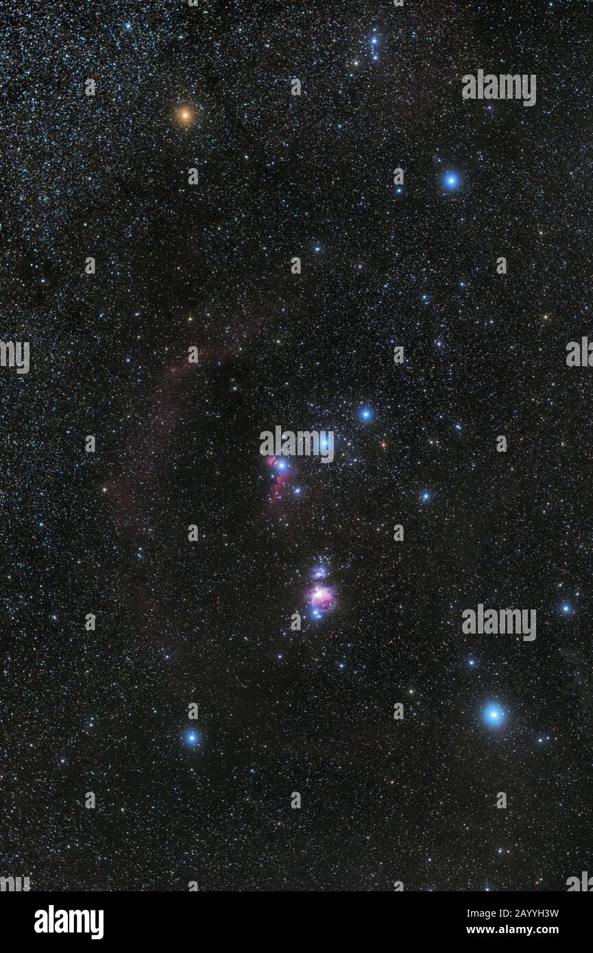Betelgeuse Stern im Sternbild Orion (gelber Stern oben links) Stockfoto