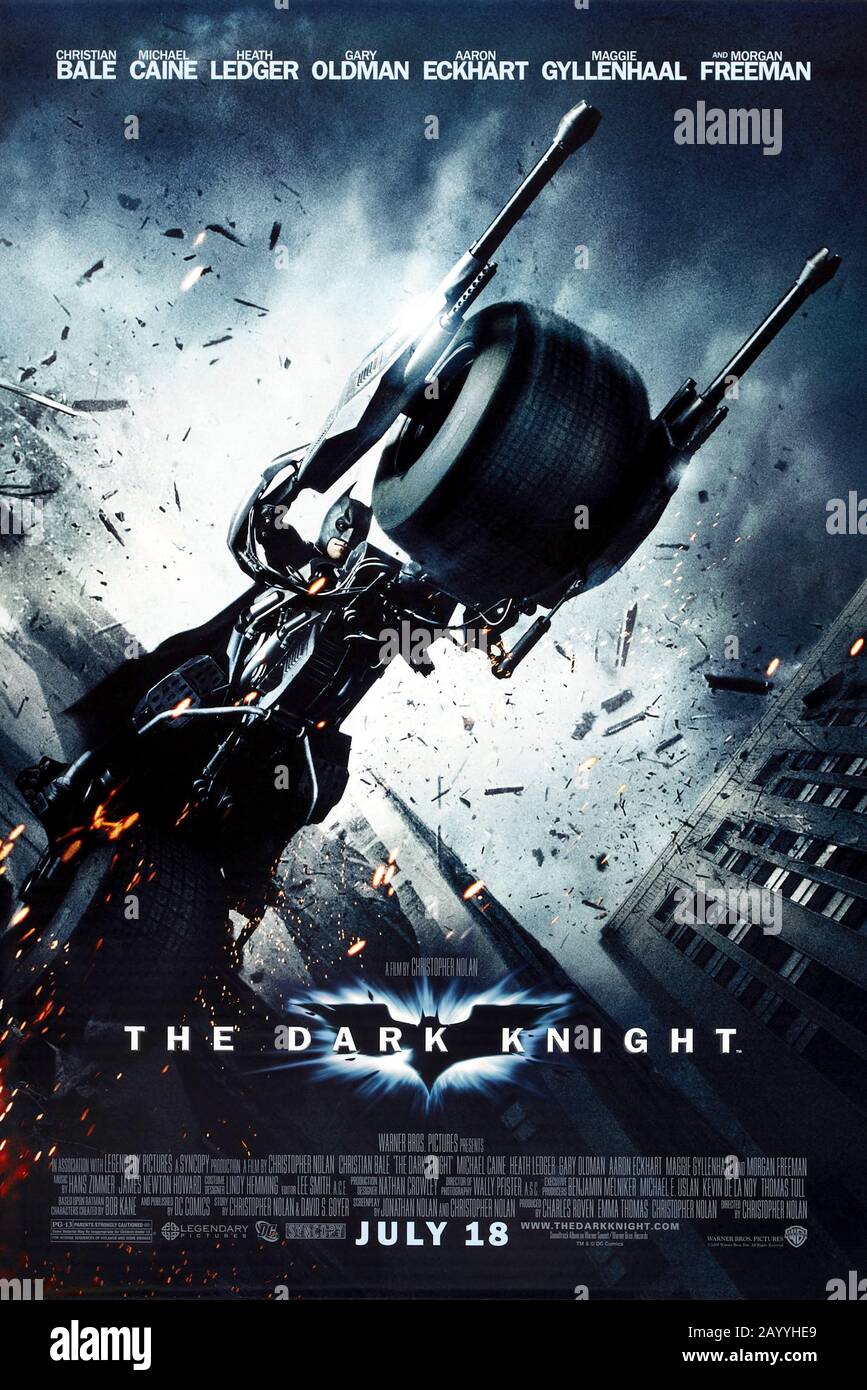 The Dark Knight (2008) unter der Regie von Christopher Nolan und mit Christian Bale, Heath Ledger, Aaron Eckhart und Michael Caine in den Hauptrollen. Der Joker testet Gotham und Batman sucht einen weißen Ritter, um Gothams kriminelle Unterwelt zu bekämpfen. Stockfoto