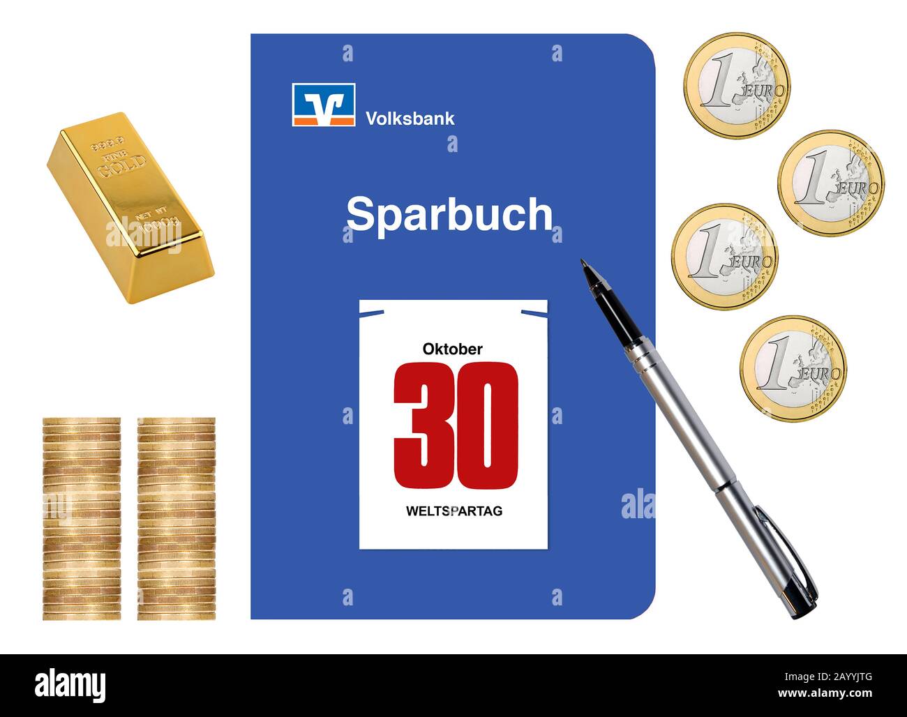Bankbuch mit Kalenderblatt 30. Oktober, Weltspartag, Deutschland Stockfoto