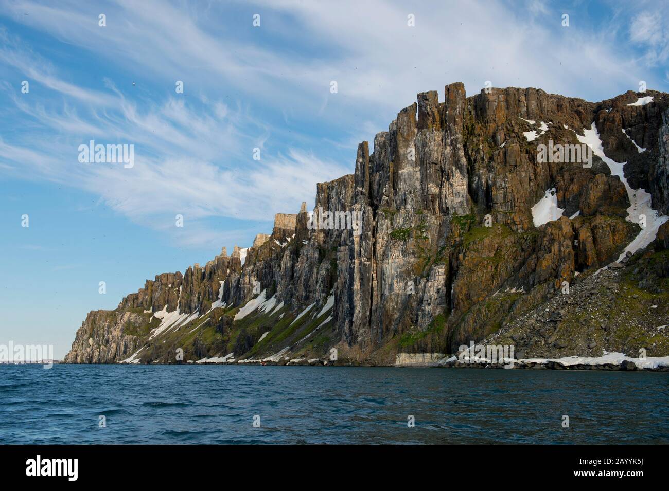 Blick auf die Vogelklippe Alkefjellet bei Lomfjordhalvøya in Ny-Friesland bei Spitzbergen, Spitzbergen, Norwegen, wo Tausende Dickflüssige Murren oder Brün Stehen Stockfoto