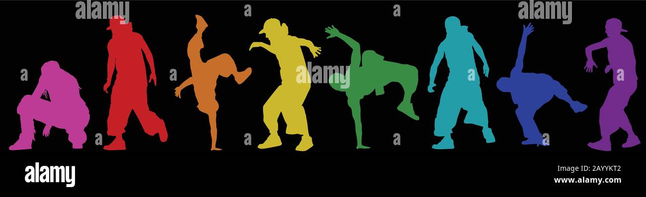 Tanzende Streetdance-Silhouetten im urbanen Stil auf schwarzem Hintergrund, Vektorgrafiken Stock Vektor