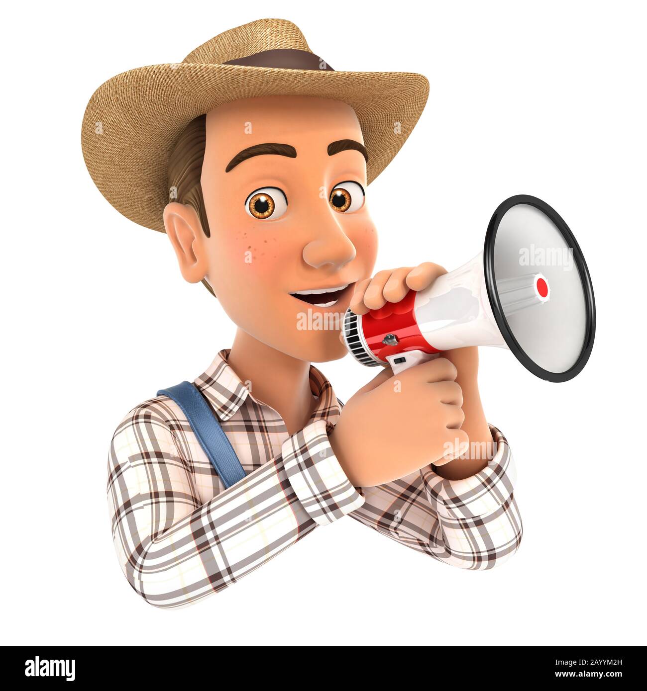 3D-Bauer spricht mit Megafon, Illustration mit isoliertem weißem Hintergrund Stockfoto