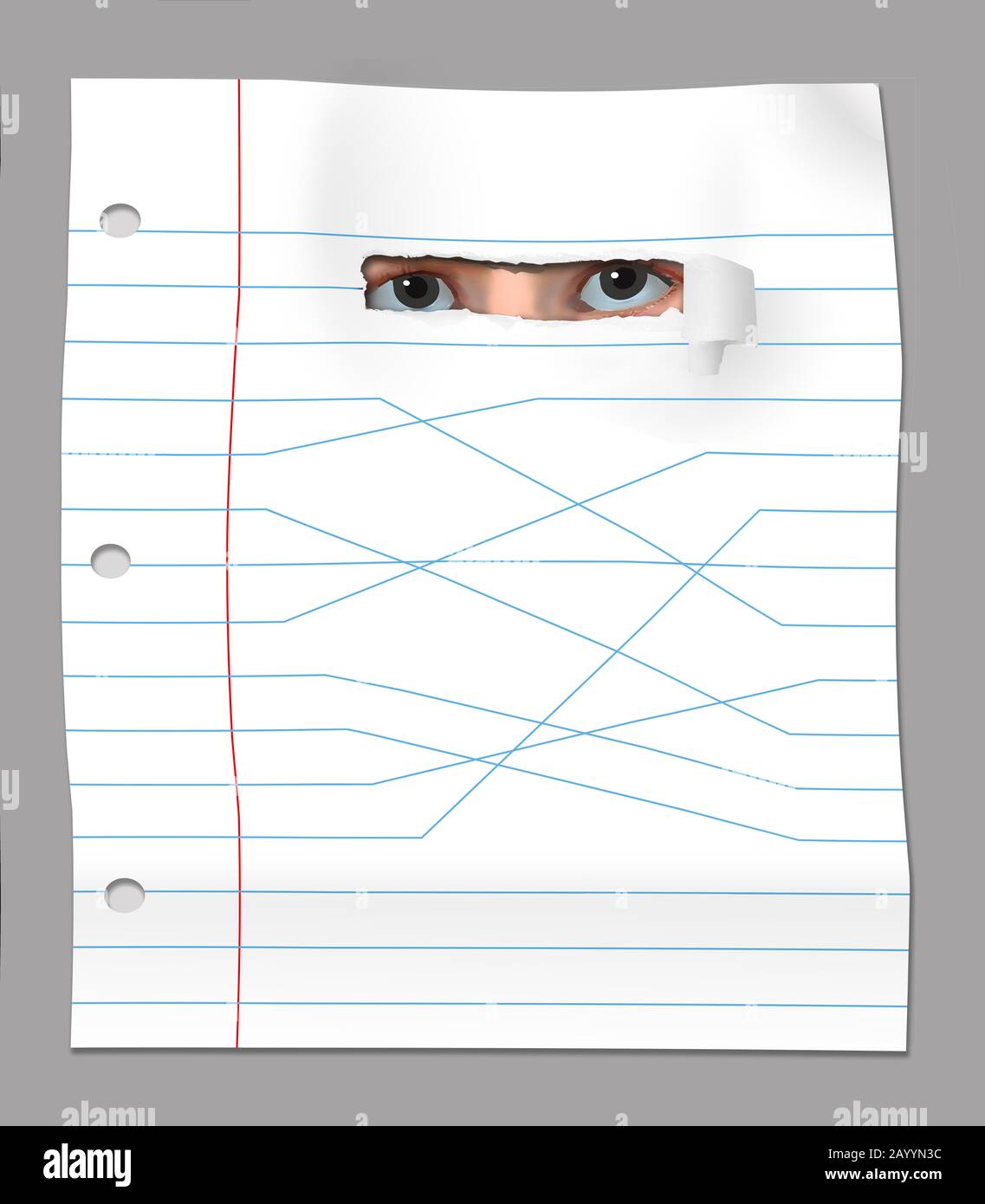 Augen eines Studenten durch ein Loch in einem Blatt Schulnotizbuch, das Linien hat, die in alle falschen Richtungen in dieser Abbildung A einschlagen Stockfoto