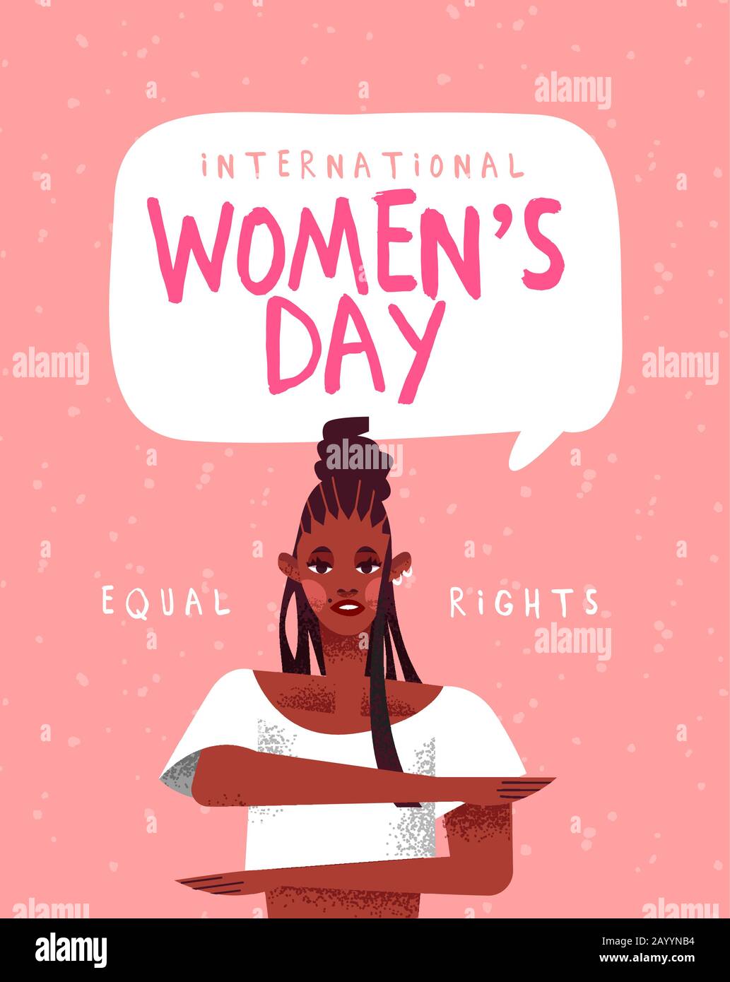 Internationale Grußkarte Für Den Frauentag. Frauenaktivistin, die Gleichheitsgeste für Gleichberechtigung macht und Frauen Veranstaltung in handgezeichneter Cartoon-Manier ausstellt. Stock Vektor