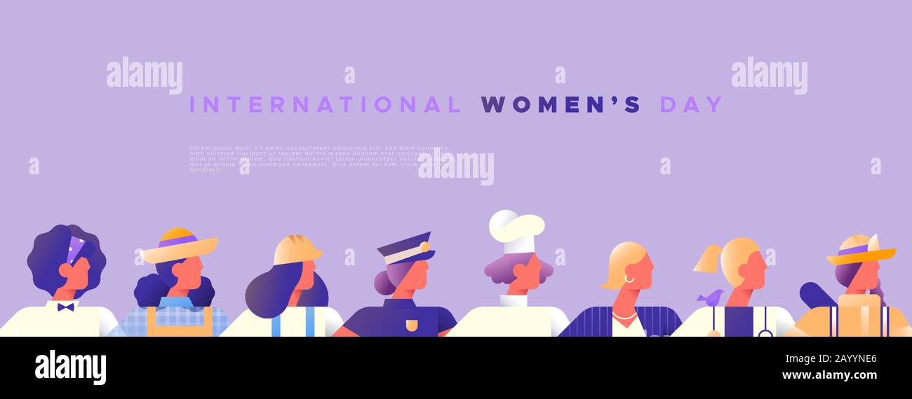 Internationale Frauen-Tag-Banner-Vorlage von Frauen aus verschiedenen Karriere-Jobs in modernem minimalistischem Stil mit Kopierraum. Einschließlich Feuerwehrmann, Polizei a Stock Vektor