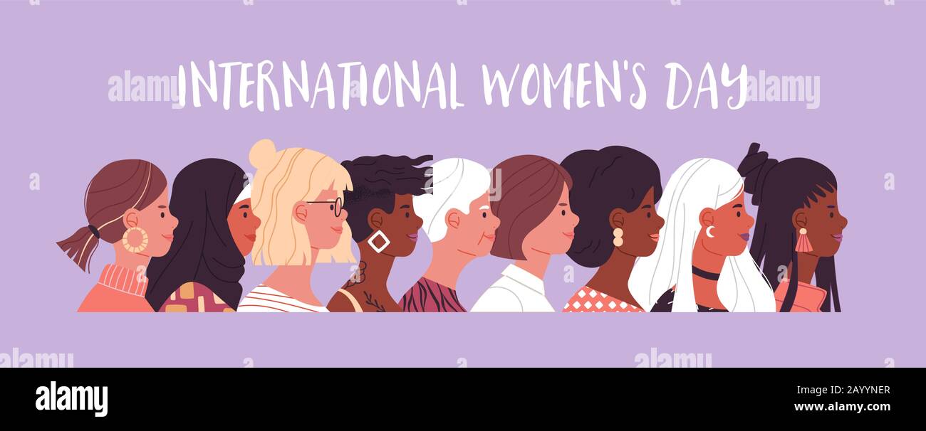 Internationale Webbanner-Illustration Für Den Frauentag. Verschiedene Frauen verschiedener Kulturen und Alter. Moderne Flat Cartoon weibliche Figuren zusammen für soc Stock Vektor