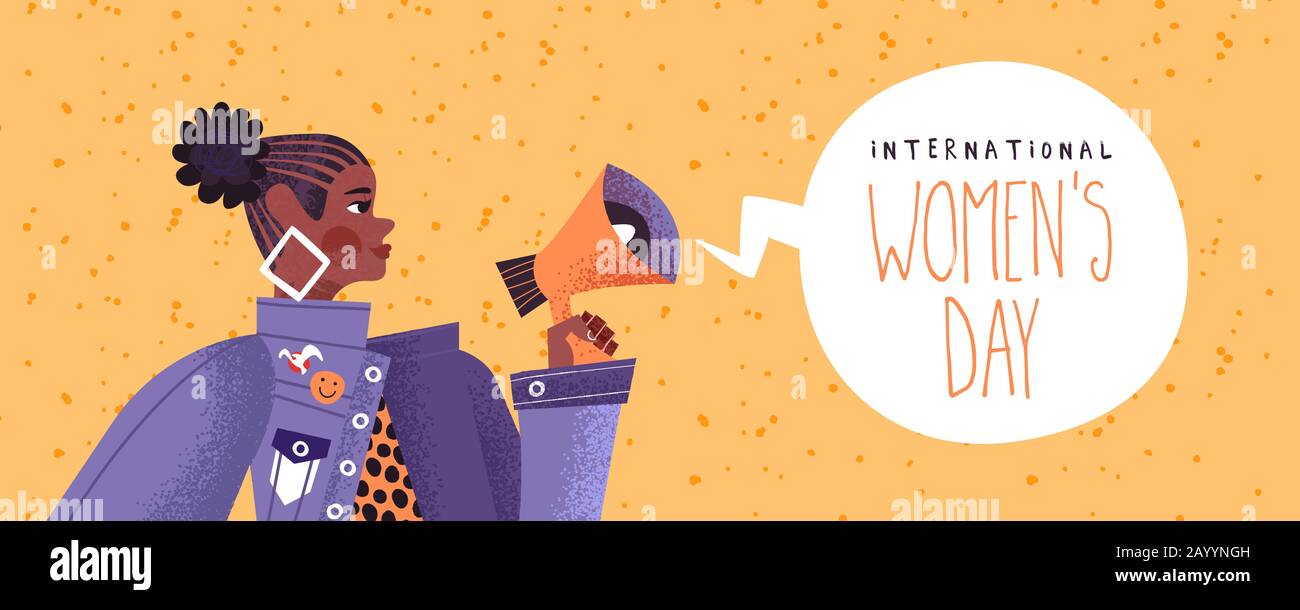 Internationale Webbanner für Den Frauentag Illustration des jungen Mädchens mit Megafon, Frauenrechtlerkonzept für die Feier am 8. märz in handgezeichneter Hand Stock Vektor