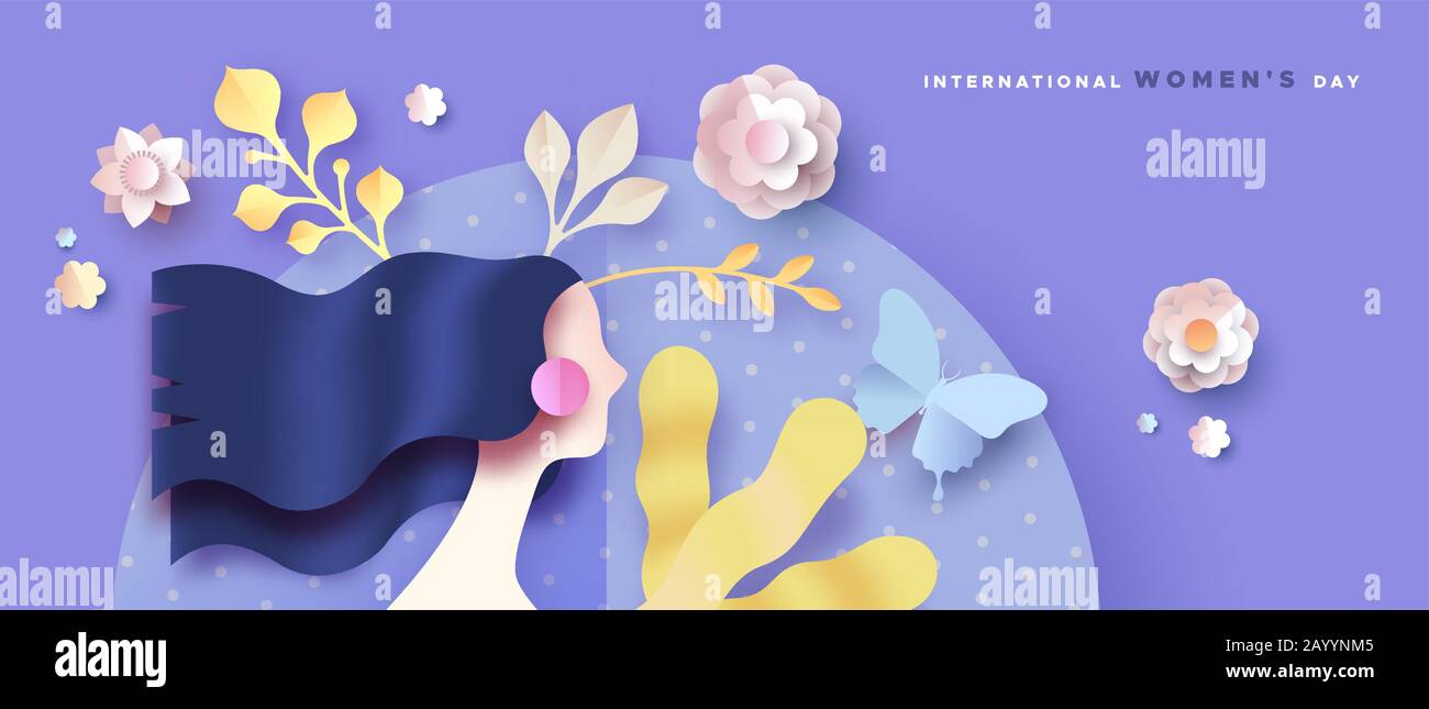 Illustration zum Feiertag für glückliche Frauen. 3D papiergeschnittene Frühlingsblumen und schöner langer Haarhintergrund für Frauen. Süßes Papierhandwerk für internationales w Stock Vektor