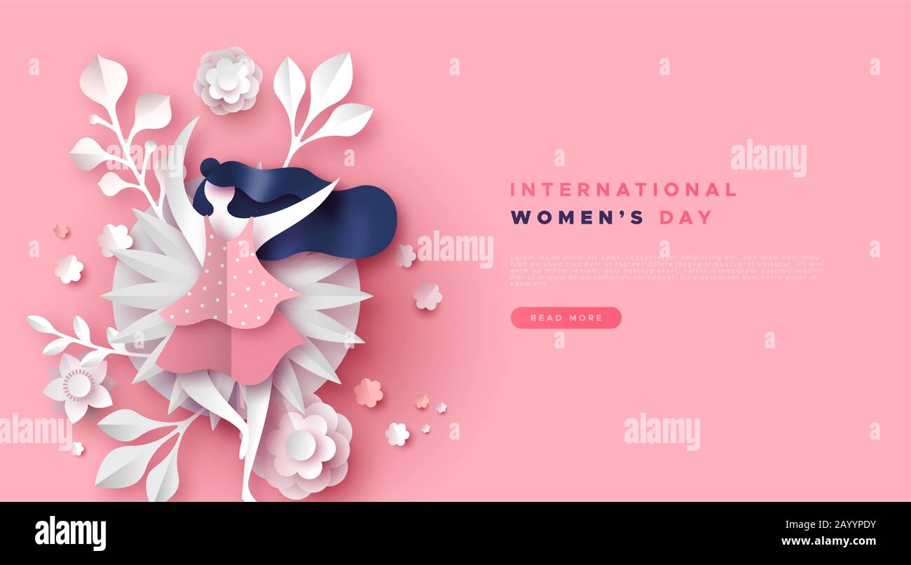 Happy Women Day Holiday Landing Page Webvorlage. 3D papiergeschnittene Frühlingsblumen und schöne tanzende Frau auf pinkfarbenem Hintergrund. Süßes Design aus Papierhandwerk Stock Vektor