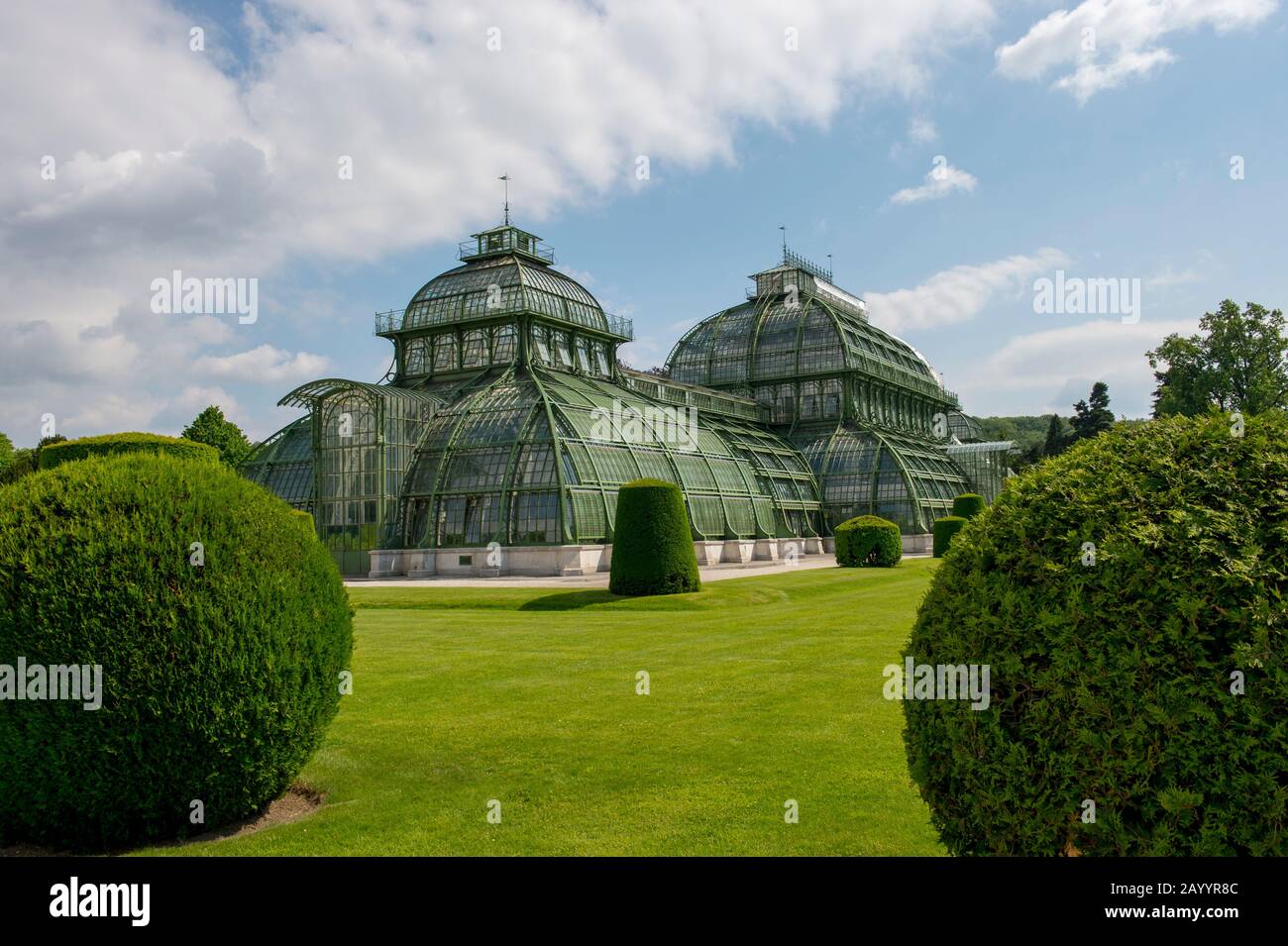 Gewächshäuser (Palmenhaus) im Garten am Schloss Schönbrunn in Wien, Österreich. Stockfoto