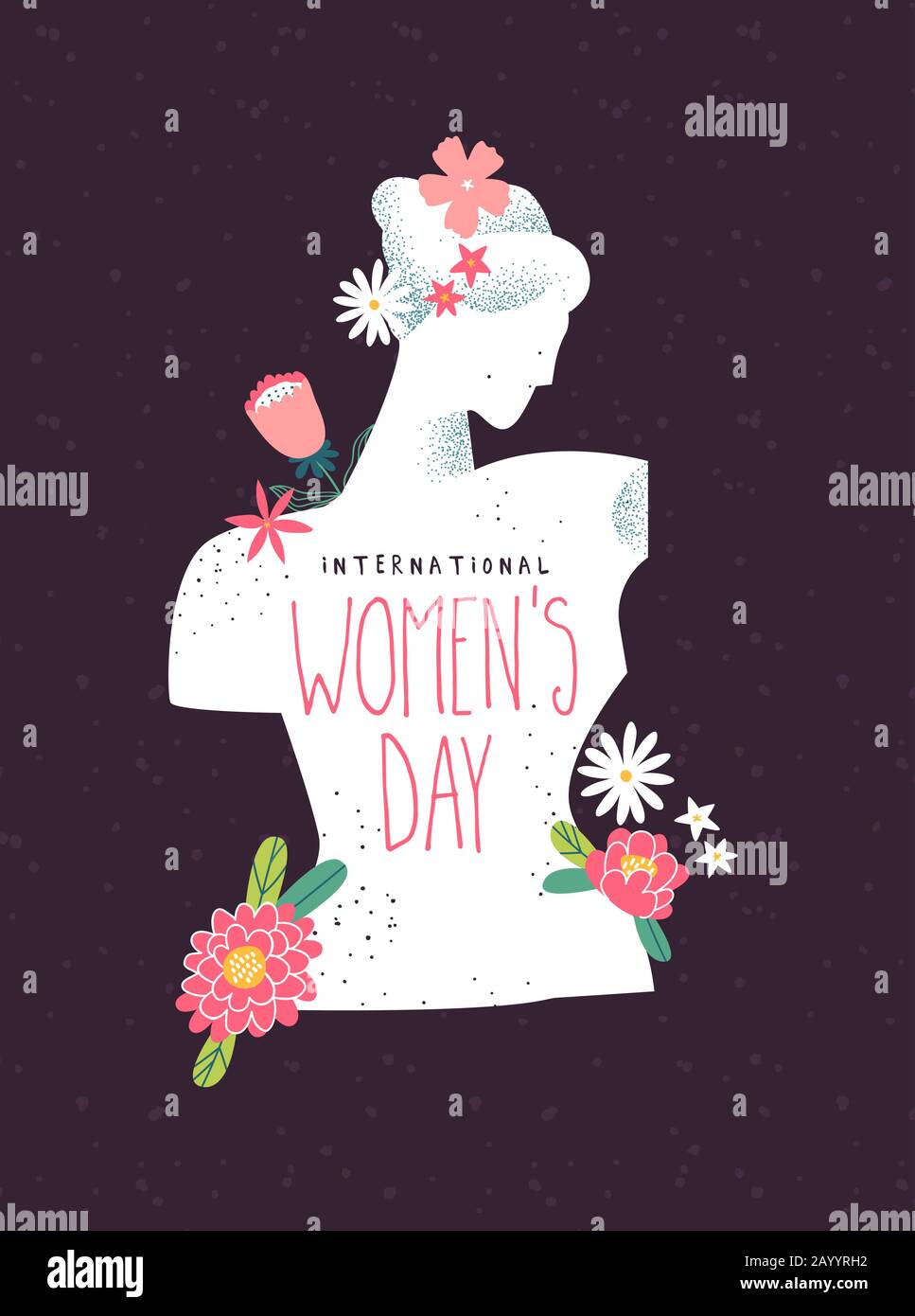 Internationale Grußkarte Für Den Frauentag mit weiblicher Silhouette mit rosa Frühlingsblumen. Frauenrechte feiern Blumenmuster in handgezeichneter Form Stock Vektor