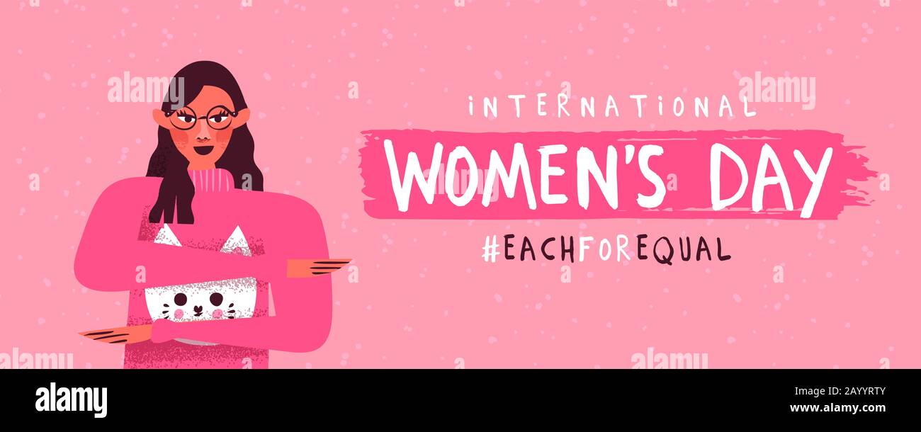 Internationale Frauentage-Bannillustration. Feministische Frauen-Figur, die Gleichheits-Arm-Geste macht, jeweils für ein gleichwertiges Kampagnendesign in pinker Hand gezeichnet Stock Vektor