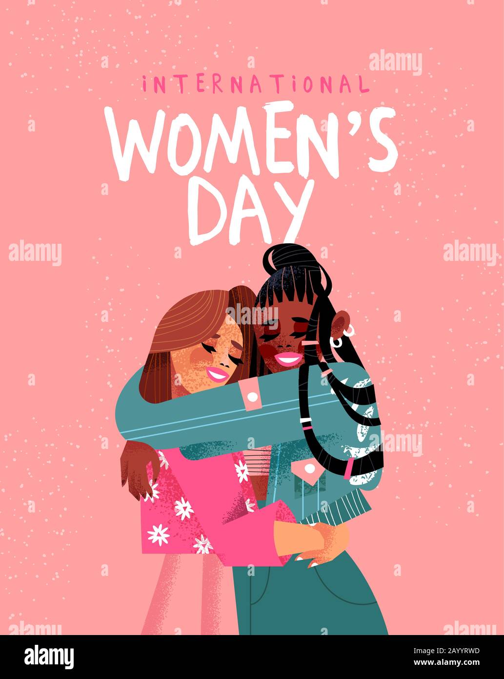 Internationale Grußkarte für den Frauentag von jungen Freundinnen, die ein von der Hand gezeichnetes Freundschaftskonzept für den Urlaub mit den Rechten der Frauen umarmen. Stock Vektor