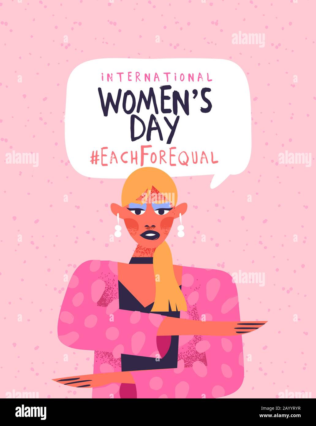 Internationale Frauentag Illustration. Feministische Frauen-Figur, die Gleichheits-Arm-Geste macht, jeweils für ein gleichwertiges Kampagnendesign in rosa Hand gezeichneter Karo Stock Vektor