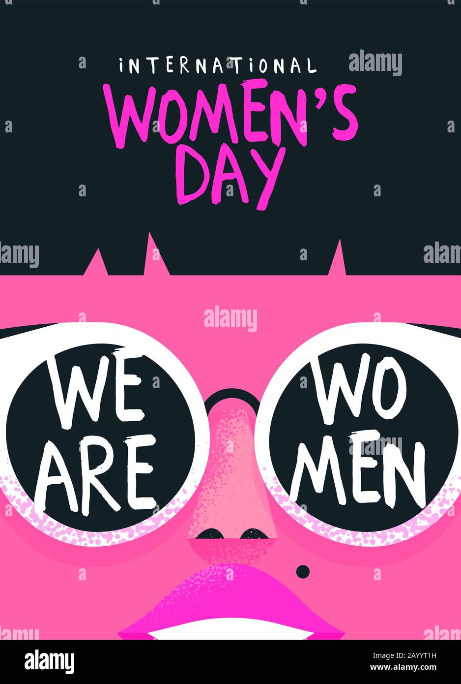 Internationale Grußkarte Für Den Frauentag Illustration des schönen Mädchen-Gesichts mit trendigen Sonnenbrillen und einem Textzitat zur Stärkung der Frau. Rosa femi Stock Vektor