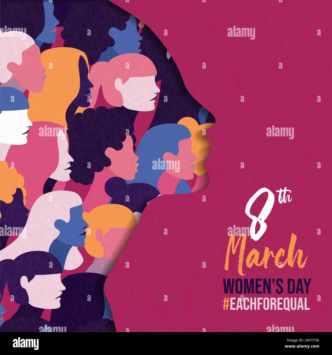 Internationaler Frauentag jeweils für gleiche Kampagne Grußkarte der verschiedenen Kultur Frauengruppen. Darstellung der Veranstaltung "Female Rights Holiday". Stock Vektor