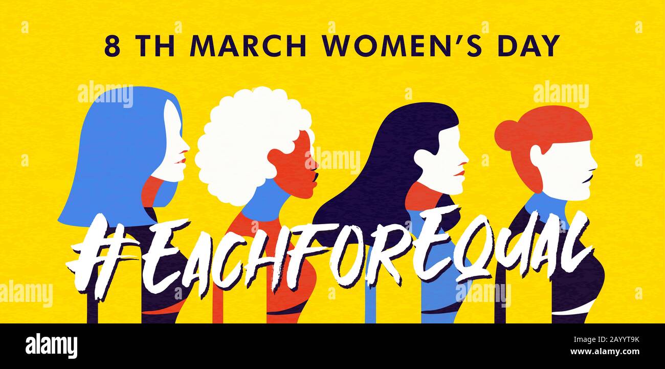Internationaler Frauentag für gleichberechtigte Kampagne Banner der verschiedenen Kultur Frauengruppen in abstraktem, farbenfrohen Cartoon-Stil. Stock Vektor