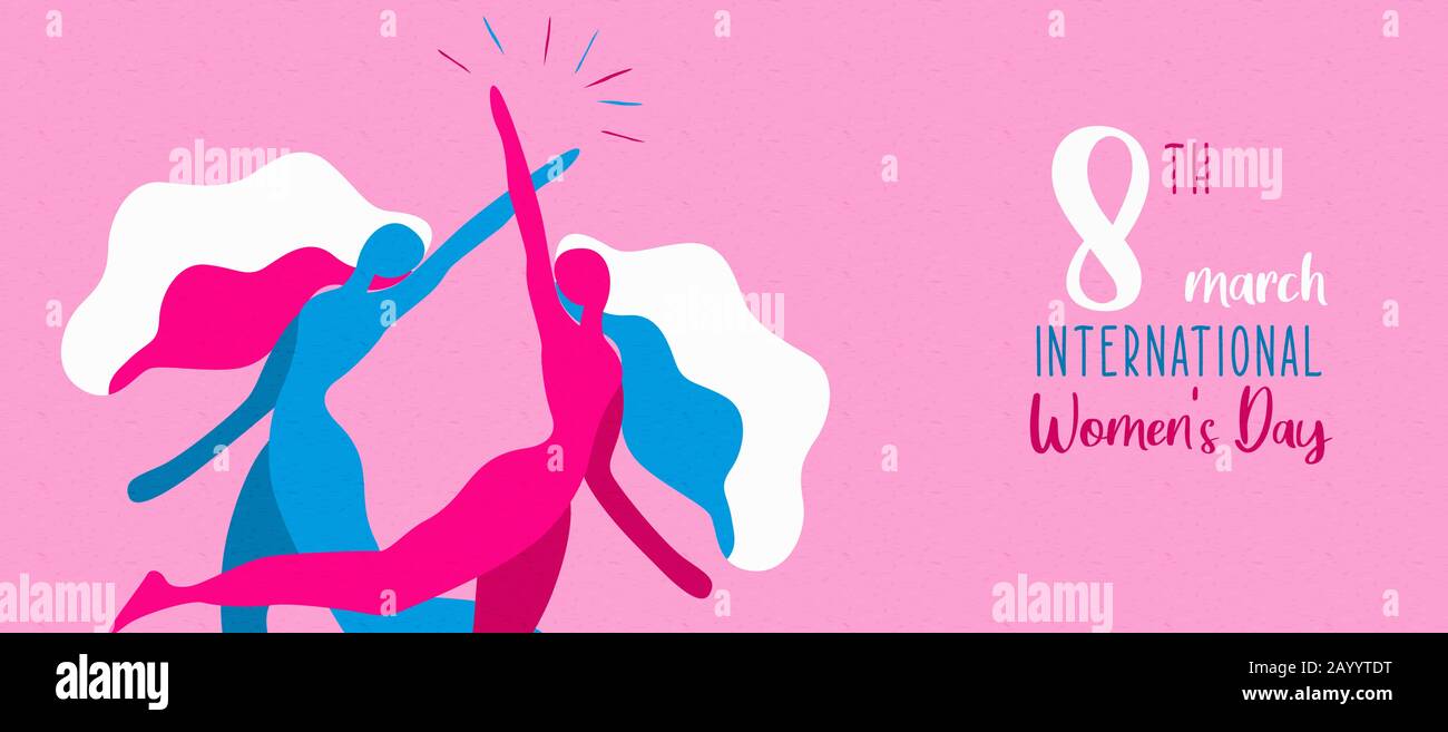 Internationale Frauentags pinkfarbene Bannillustration von zwei Frauen, die zusammen tanzen. Freundschaftskonzept für die Weihnachtsfeier am 8. märz. Stock Vektor