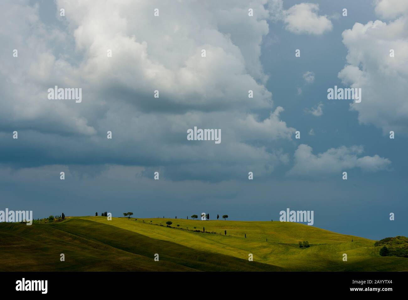 Sturmwolken über Feldern bei San Quirico im Val d'Orcia bei Pienza in der Toskana, Italien. Stockfoto