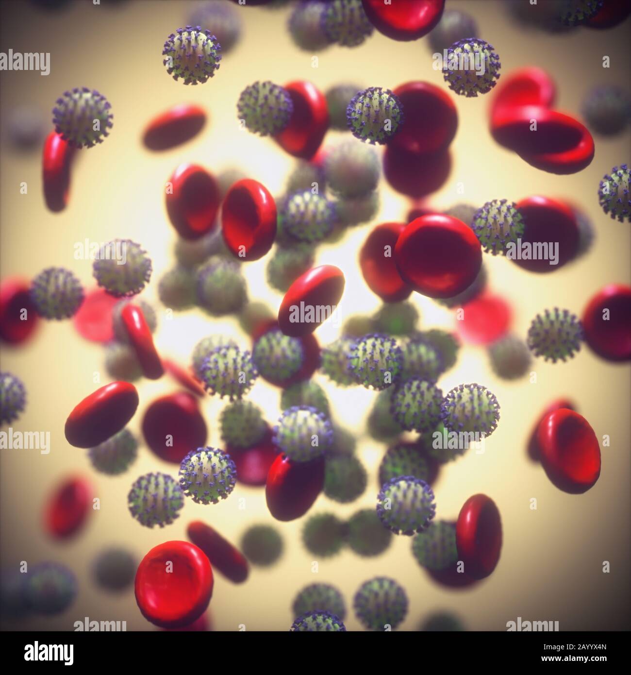 Virus COVID-19, Coronavirus, Gruppe von Viren, die rote Blutkörperchen angreifen. Beim Menschen verursacht das Virus Atemwegsinfektionen. 3D-Abbildung. Stockfoto