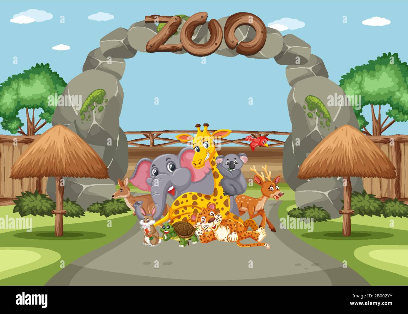 Szene mit wilden Tieren im Zoo zur Tageszeit-Illustration Stock Vektor
