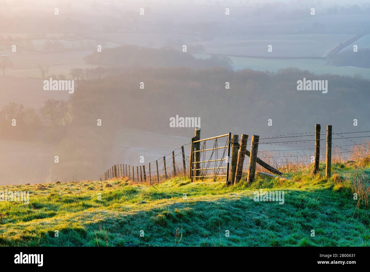 Zaun und Bauerntor Martinsell Hill an einem nebligen Wintermorgen bei Sonnenaufgang. In der Nähe von Oare, Vale of Pewsey, Wiltshire, England Stockfoto