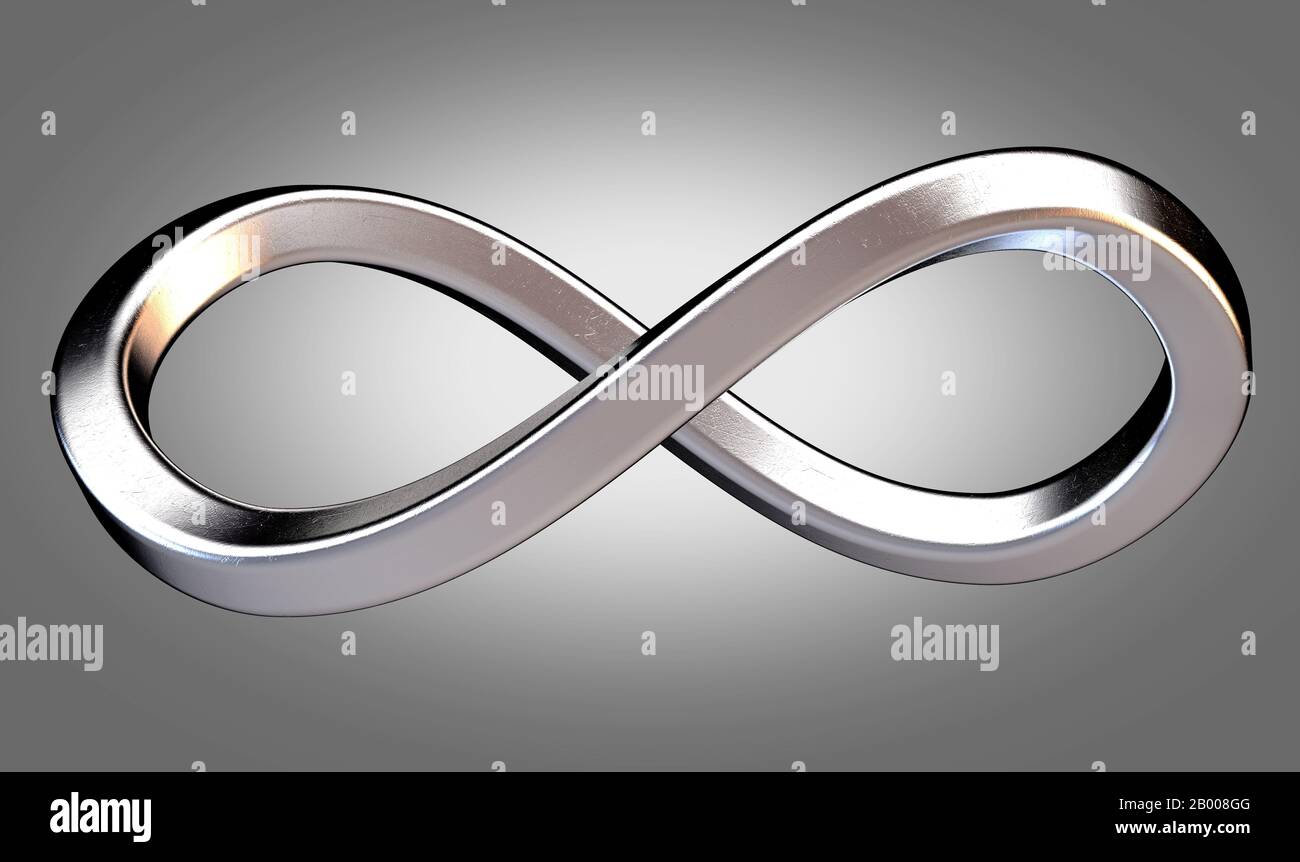 Ein Infinity-Symbol aus glänzendem, quadratischem Metallschlauch auf einem isolierten weißen Studiohintergrund - 3D-Rendering Stockfoto