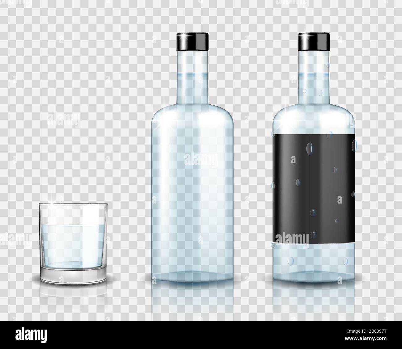 Transparente Wodka Flasche Mockup. Realistisches Wodka-Glas isoliert. Vektorgrafiken. Stock Vektor