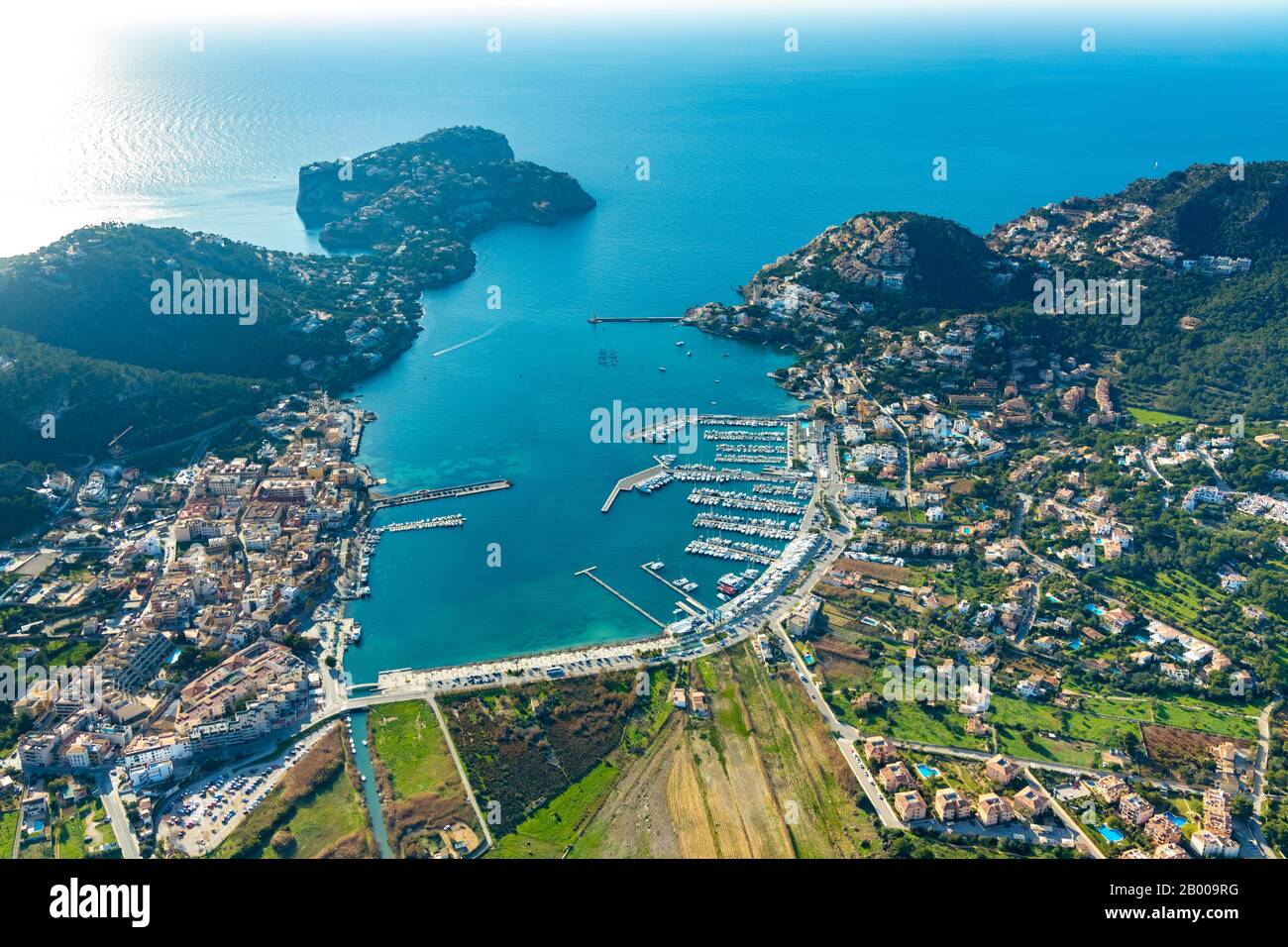 Luftbild, Port Port d'Andratx, Port d'Andratx, Europa, Balearen, Spanien, Mallorca, Boote, Anlegestellen, Bootsausflüge, Bootsanlegestelle, Bootsverleih, es, Espana Stockfoto