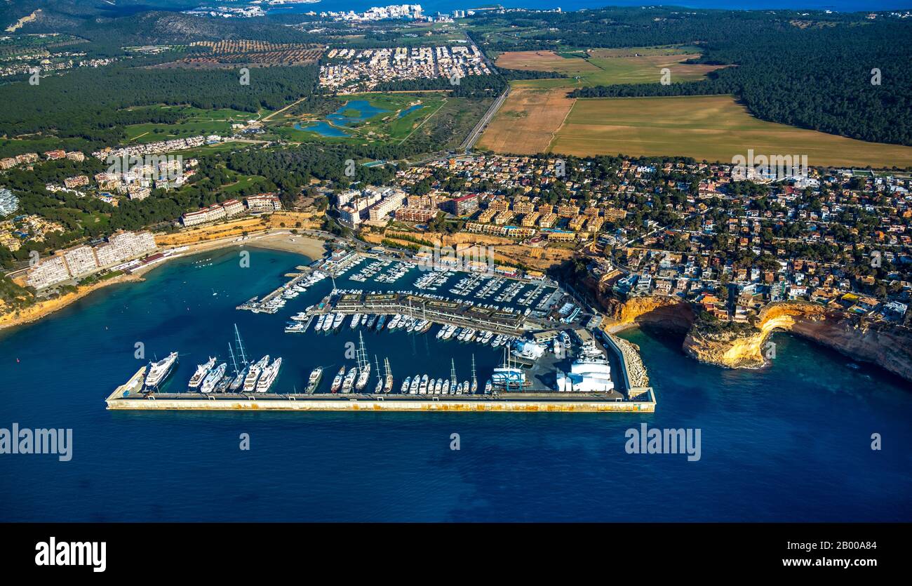 Luftbild, Hafen von Port Adriano, Hafen, El Toro, Europa, Balearen, Spanien, Mallorca, Boote, Bootsanlegestelle, Bootsausflüge, Bootsanlegestelle, Bootsverleih, es, Espana, Stockfoto