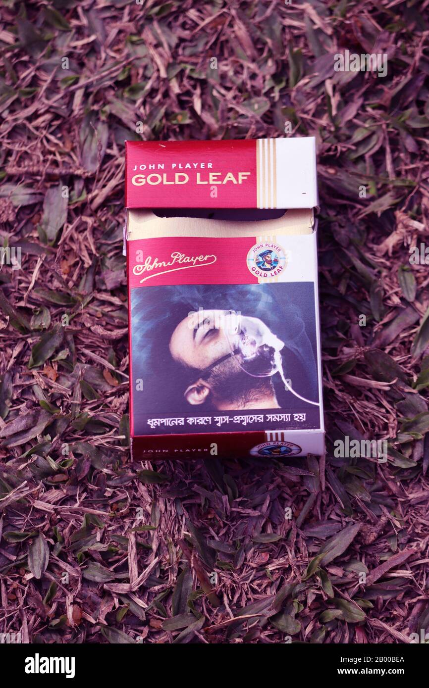 Bangladesch, 17. Februar 2020. Zigaretten packen auf Natürlichem Hintergrund.EINE Packung Zigaretten liegt auf dem Gras.Ursachen von Krebserkrankungen. Los Stockfoto