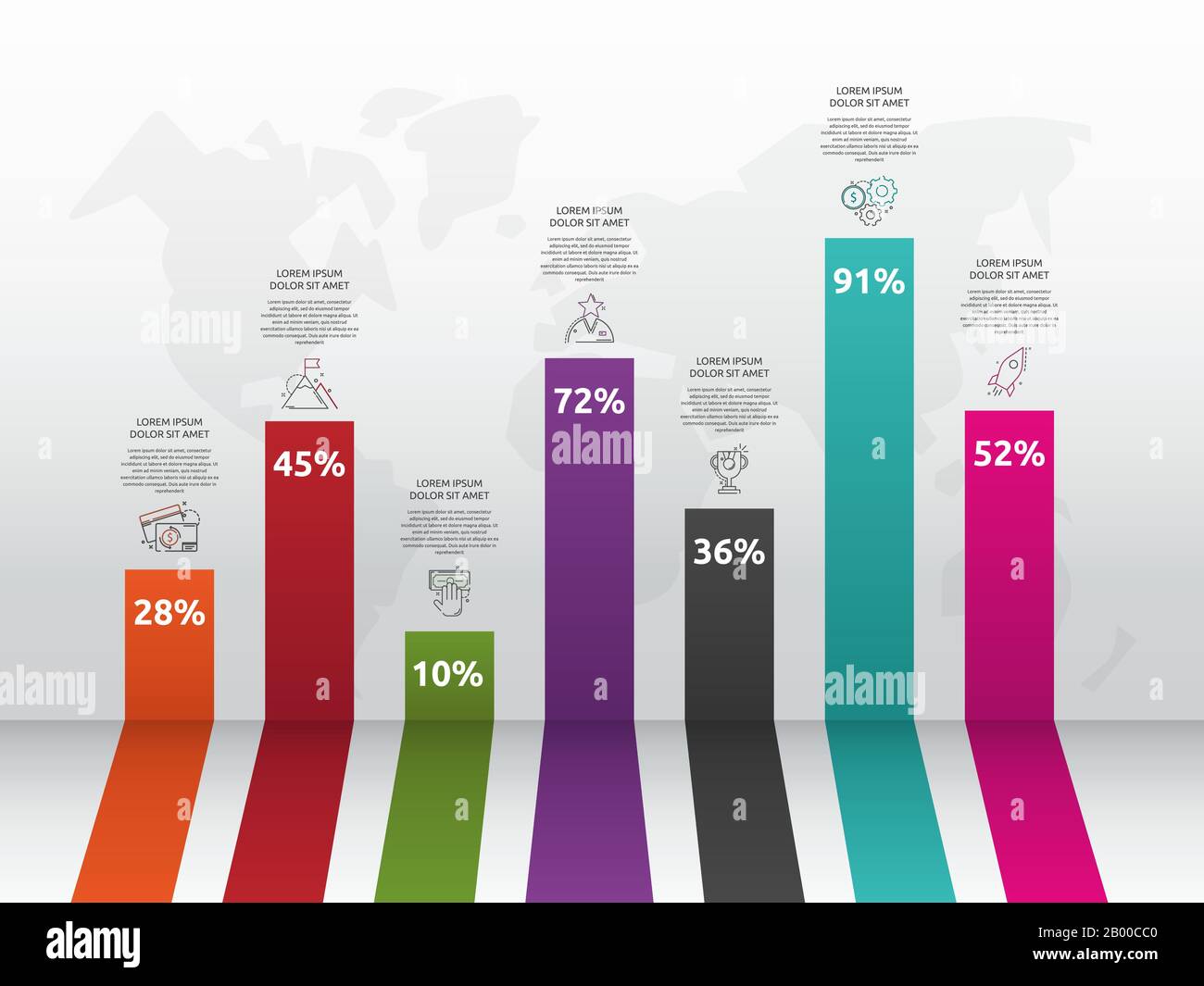 Infografiken der Vektorspaltendiagramme. Geschäftskonzept mit 7 Optionen. Sieben Schritte für Diagramm, Diagramme und Diashow Stock Vektor
