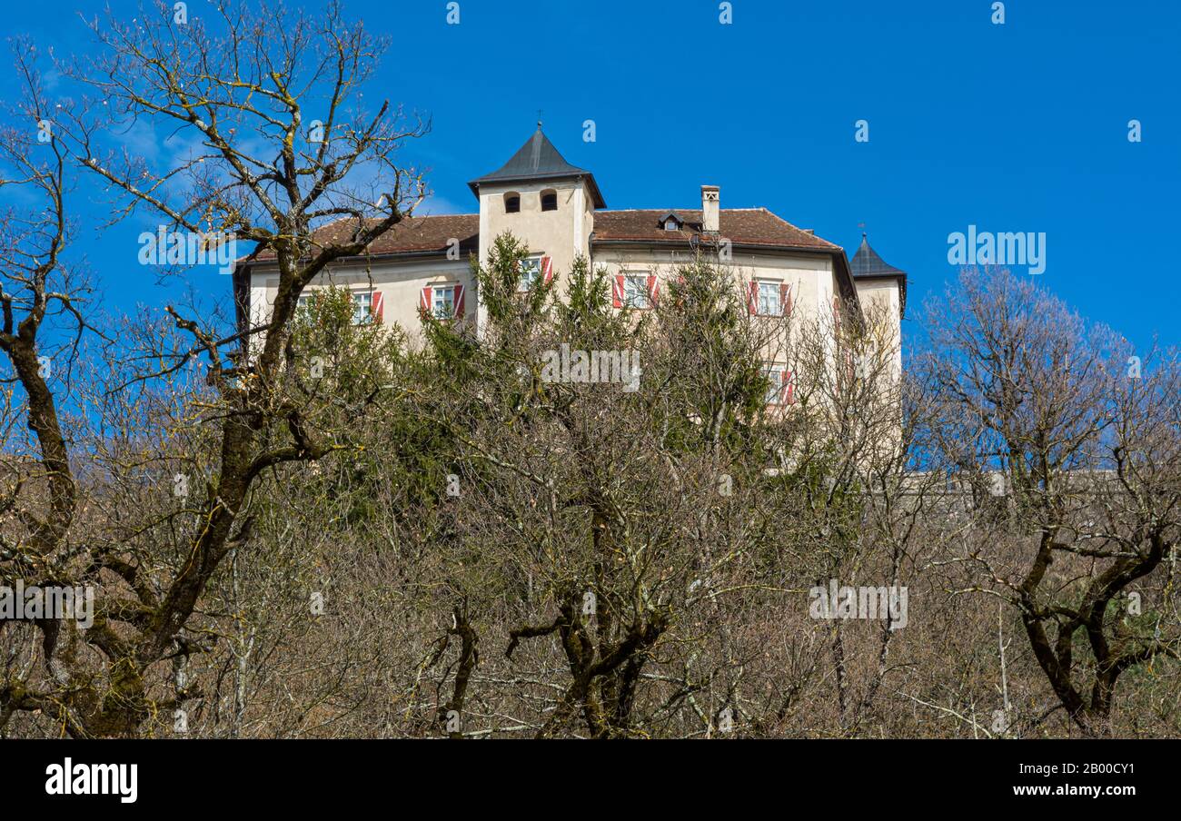 Castel Thun (oder Schloss Thun) ist eine monumentale und karge mittelalterliche Festung in Ton, Trentino Alto Adige in Italien, die über das Non Valley blickt. Stockfoto