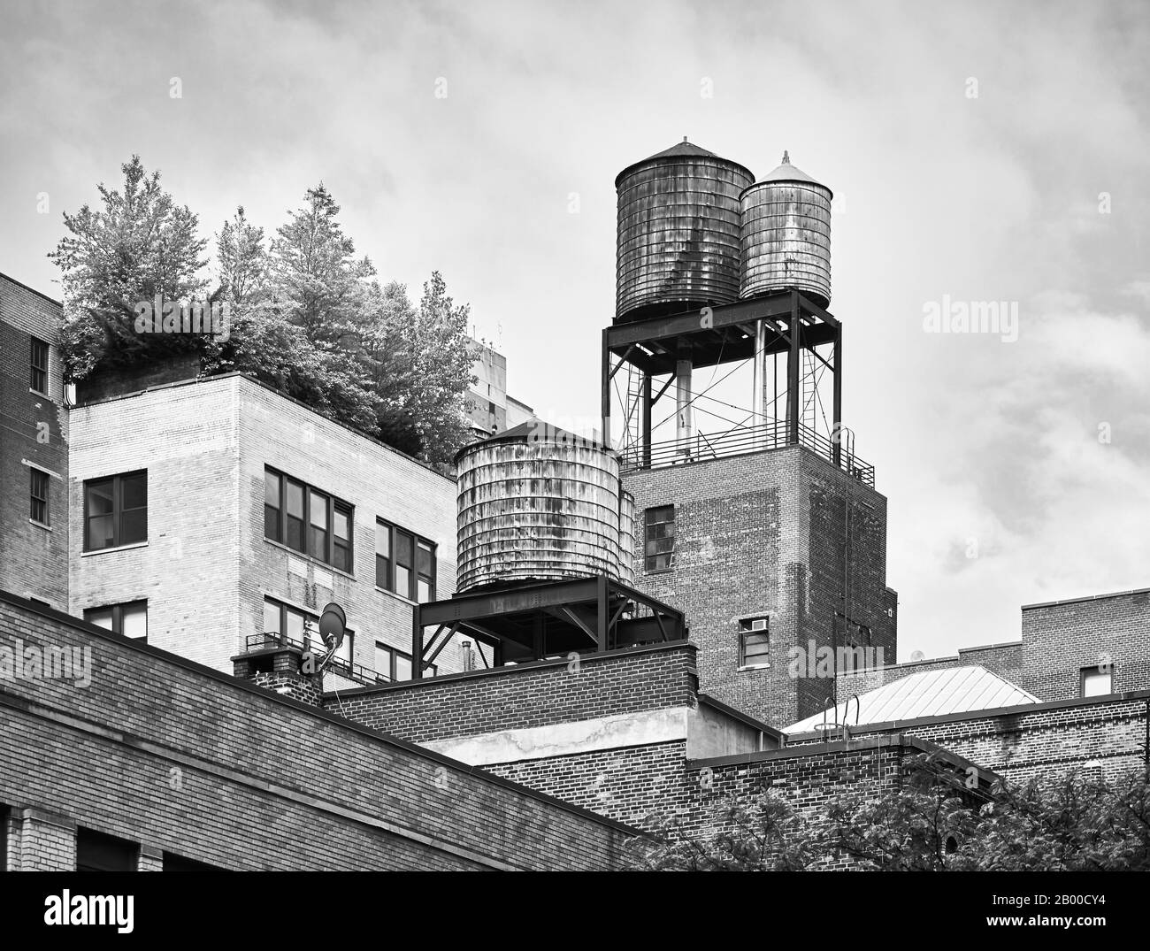 Schwarz-Weiß-Bild von Wassertanks in New York, USA. Stockfoto