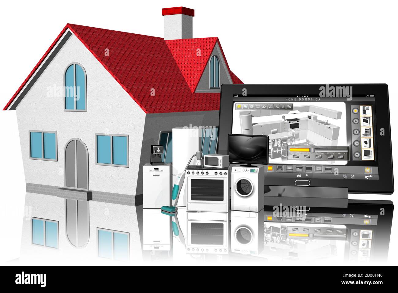 3D-Darstellung. Home Appliance Application Interface, Haushaltsgeräte und Küche. Stockfoto